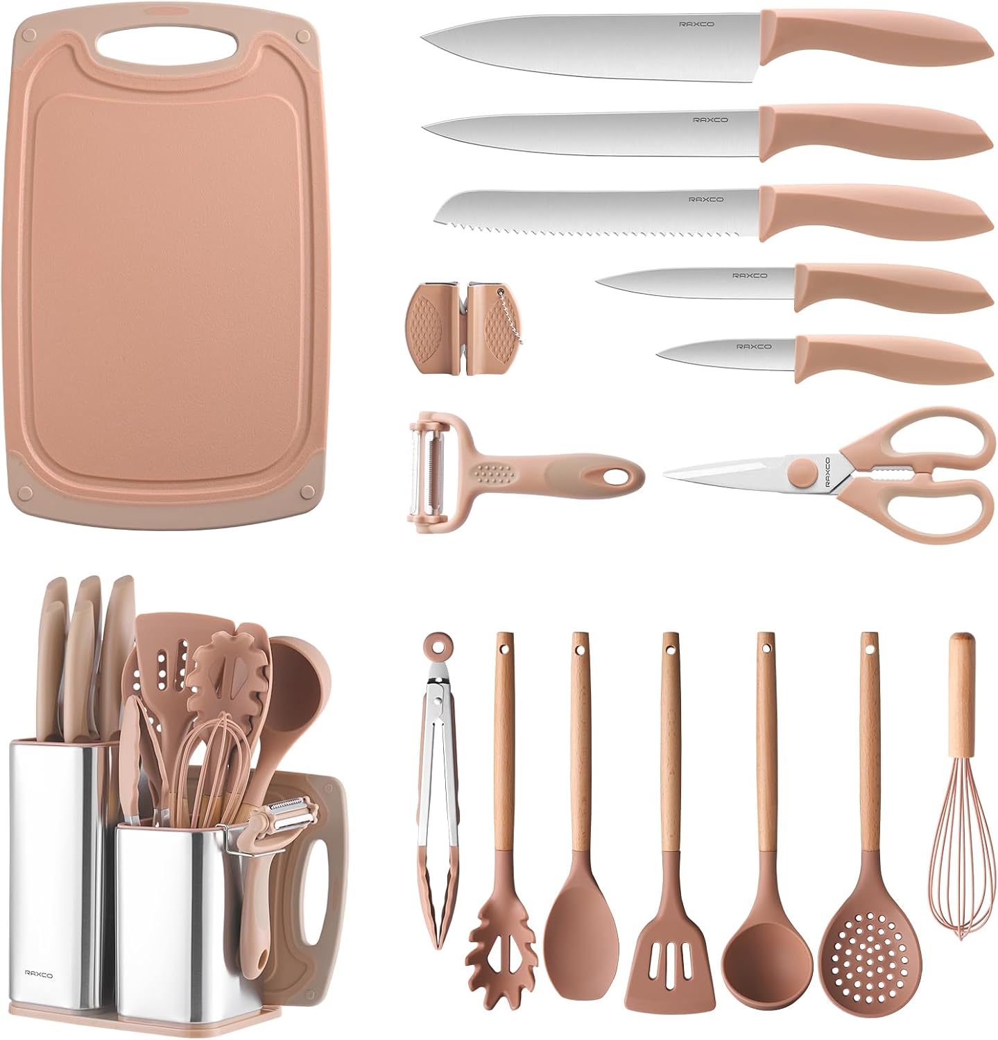 RAXCO Kitchen Utensils Set,18-Piece Cooking Utensils and Knife Set,Black | Food-grade Silicone Heat-safe to 410°F, Detachable Stainless Steel Holder, 5 Kitchen Knives and Cutting Board All-in-one