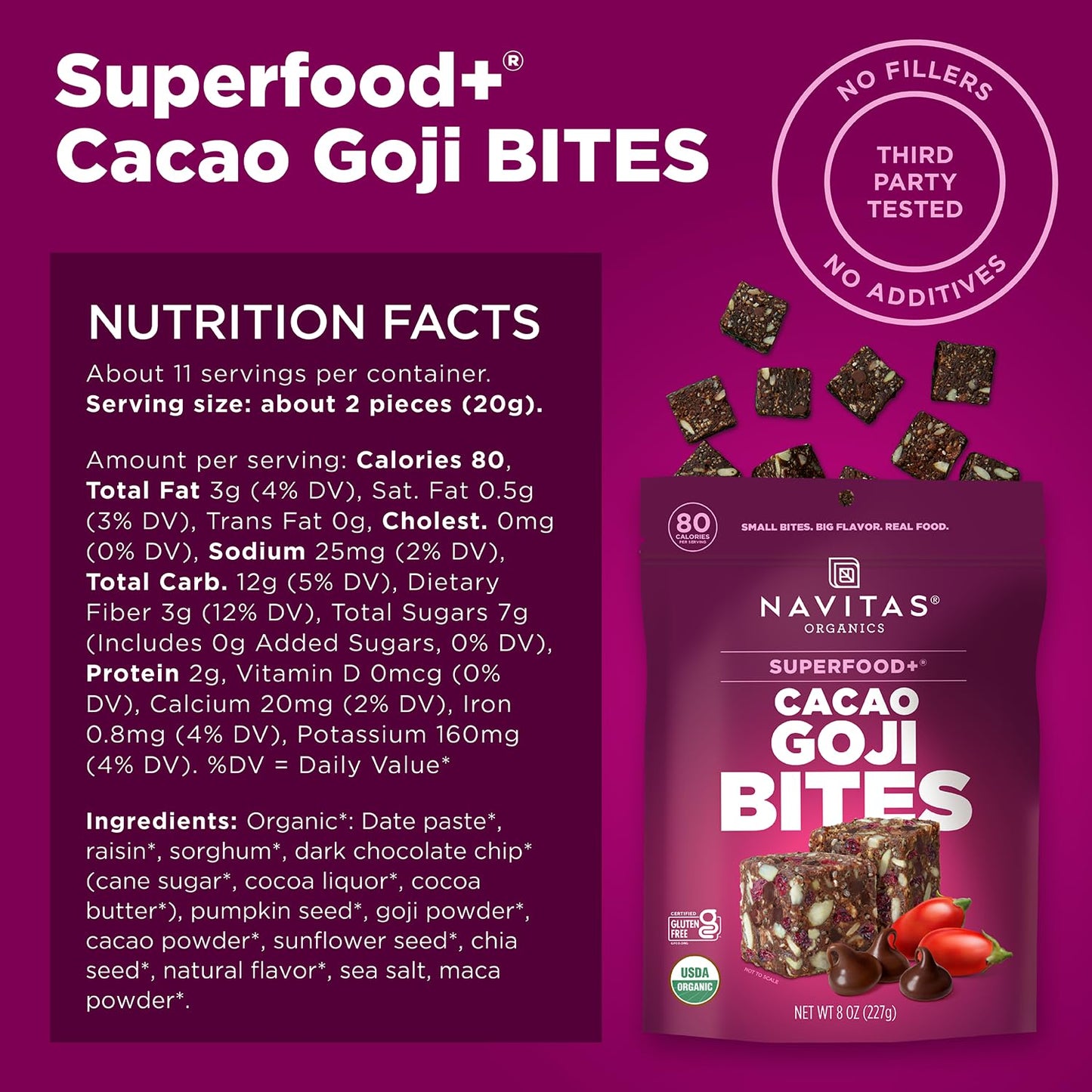 Navitas Organics Cacao Goji Superfood+ BITES are all natural plant-based power snacks with clean energy and nutrition.