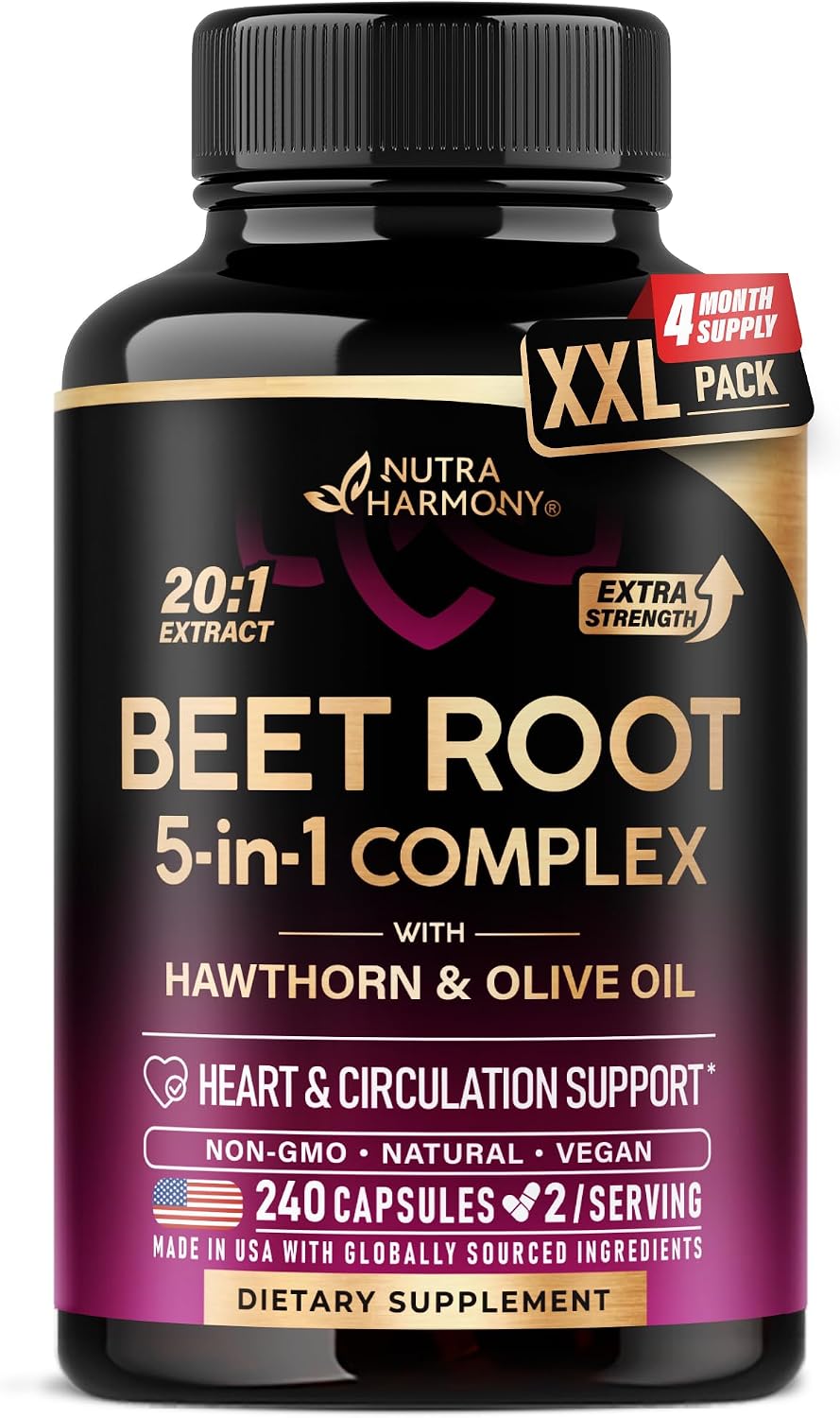 Beet Root 5-in-1 Complex Capsules - Healthy Blood Pressure Support Supplement** for Heart & Circulation Support - Olive Leaf, Hawthorn Berry & Hibiscus - for Men & Women - Lab Tested - 120 Capsules