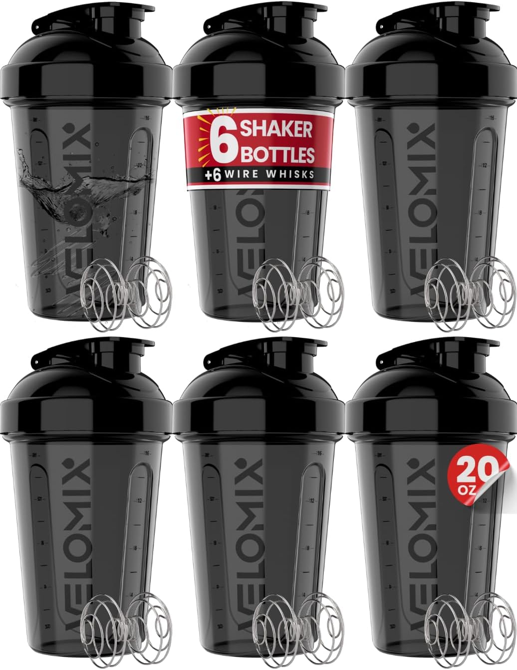 VELOMIX 6-Pack 20oz Protein Shaker Bottles - Leak-Proof, Dishwasher Safe