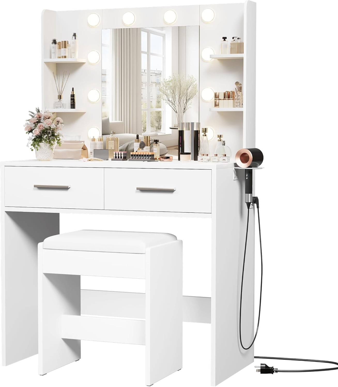 Furmax Make up Vanity Desk with Mirror and Power Outlet, Vanity with 3 Color Light Options Adjustable Brightness,Vanity Desk with 2 Drawers, 6 Storage Shelves (White, with Bench)