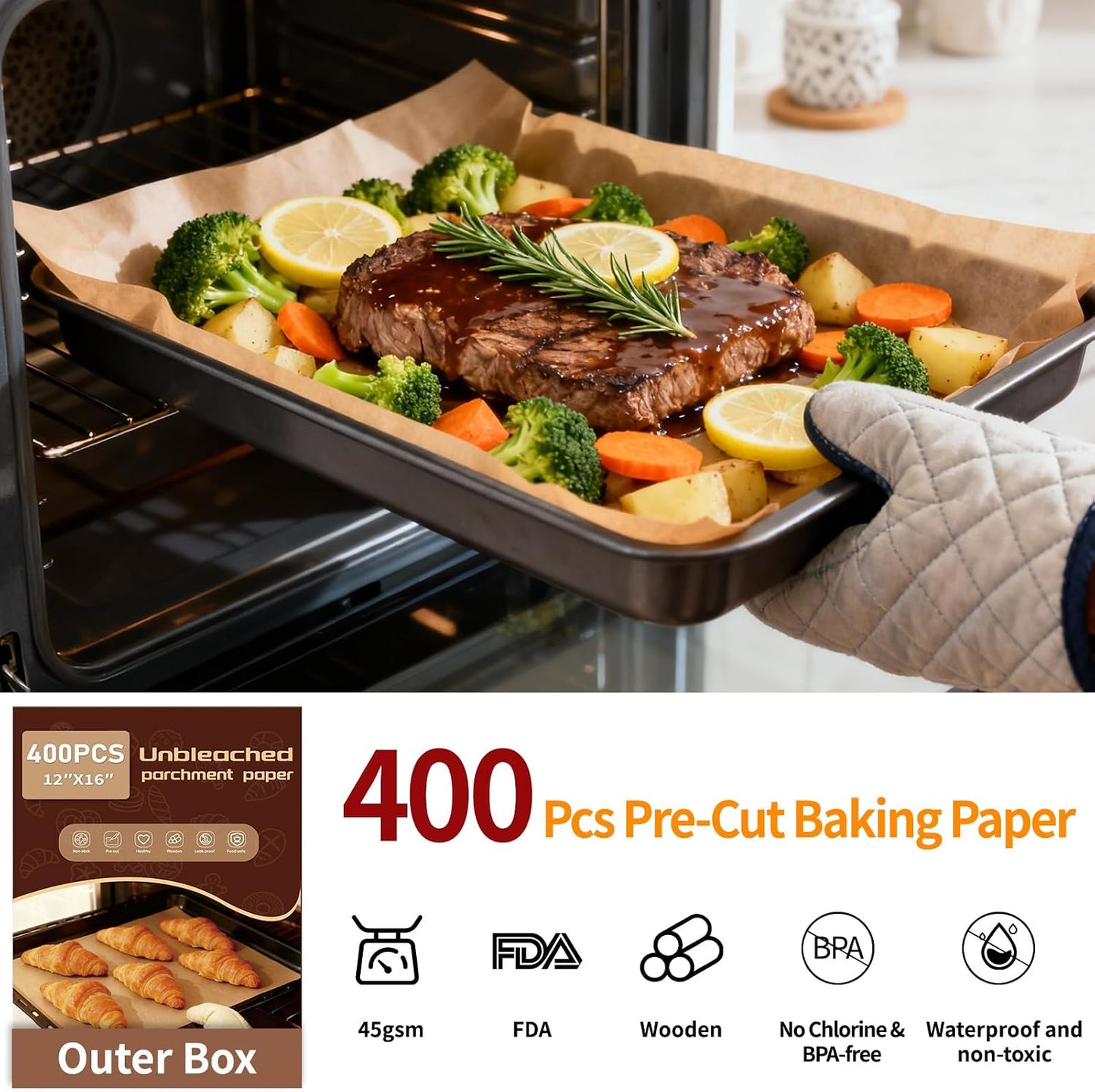 YUANYE 400PCS Parchment Paper Baking Sheets, 12"x16" Unbleached Precut Half Parchment Paper for Baking, Non-Stick Baking Paper for Baking, Grillin, Steaming Bread Cookies, Oven, Air Fryer, Microwave