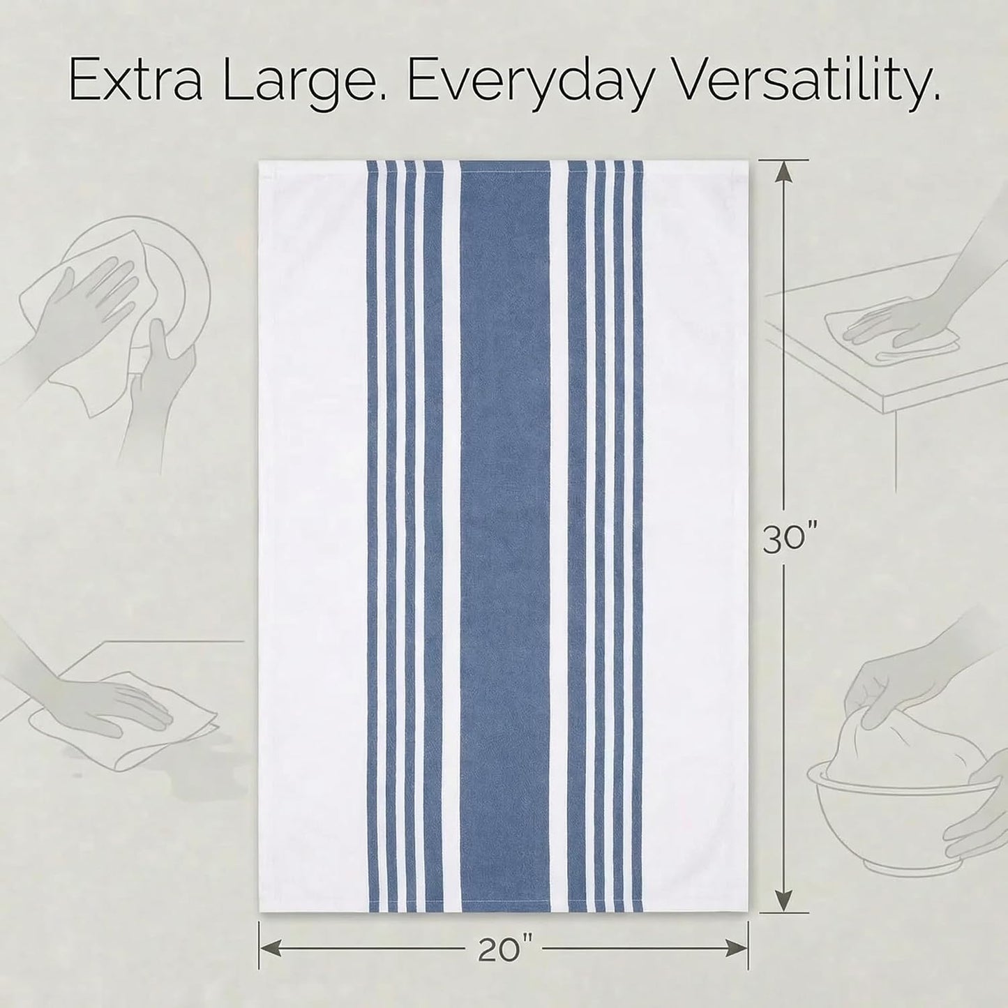 Urban Villa Kitchen Towels 100% Cotton Dish Towels for Kitchen (Set of 6) 20”x30” Dish Cloths Highly Absorbent Kitchen Linen Set with Hanging Loop Perfect for Drying Dishes Cleaning Towels-Blue White