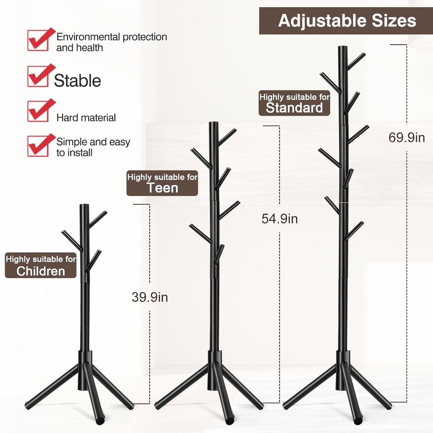 Coat Rack, Freestanding Coat Rack with 8 Hooks and 3 Adjustable Size Tree Coat Racks for Bedroom, Hallway, Entrance, Office, for Hats, Coats, Scarves, Handbags