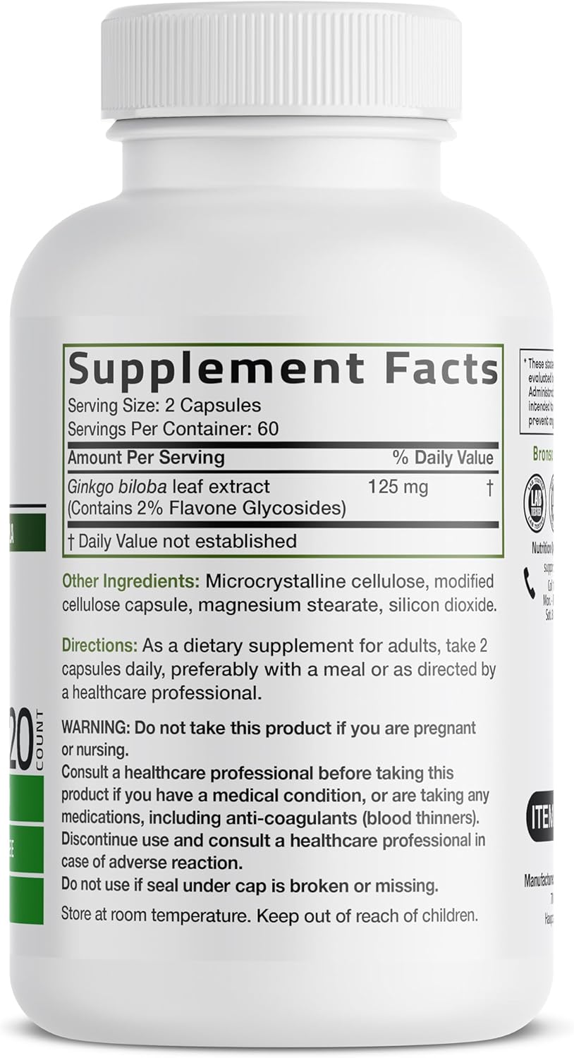 Bronson Ginkgo Biloba Extra Strength Supports Brain Function & Memory Support, 120 Vegetarian Capsules