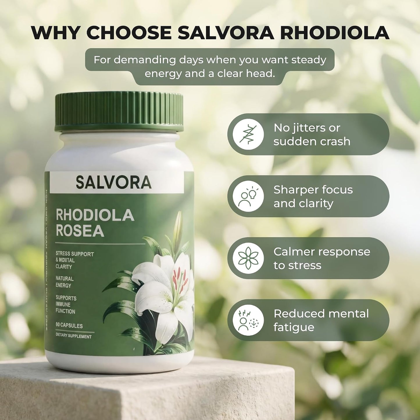 Rhodiola Rosea Supplement – Golden Root Adaptogen Capsules - Rhodiola Rosea Extract Powder Alternative with Salidroside for Stress Support - Energy, Focus & Performance