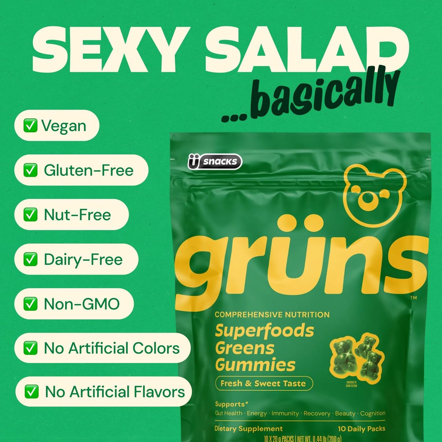 Gruns Adults Super Greens Gummies, Multivitamin Superfood Gummy Bears, Spirulina, Chlorella, Prebiotics & Fiber Gummies for Digestive Health, Adaptogens Supplement, 20 Vitamins & Minerals, 10 Count