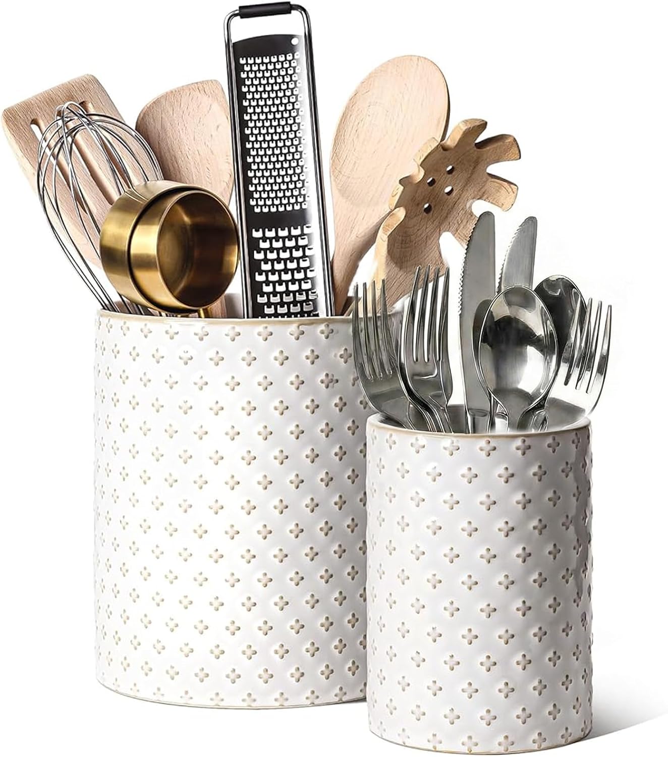 LE TAUCI Kitchen Utensil Holder Set of 2 - 6.9"+5.3" Large Ceramic Cooking Utensil Crock & Organizer for Spatula, Spoon, Whisk - Farmhouse Countertop Storage, Arctic White, Embossed, Bee