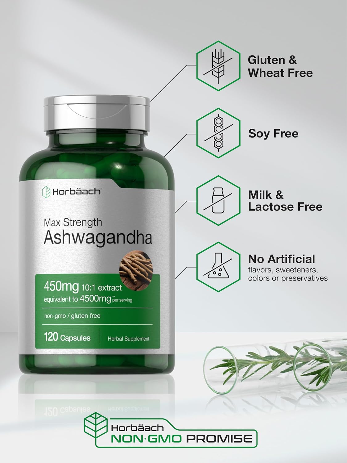 Horbäach Ashwagandha Supplement Max Strength 120 Capsules Non-GMO Gluten Free
