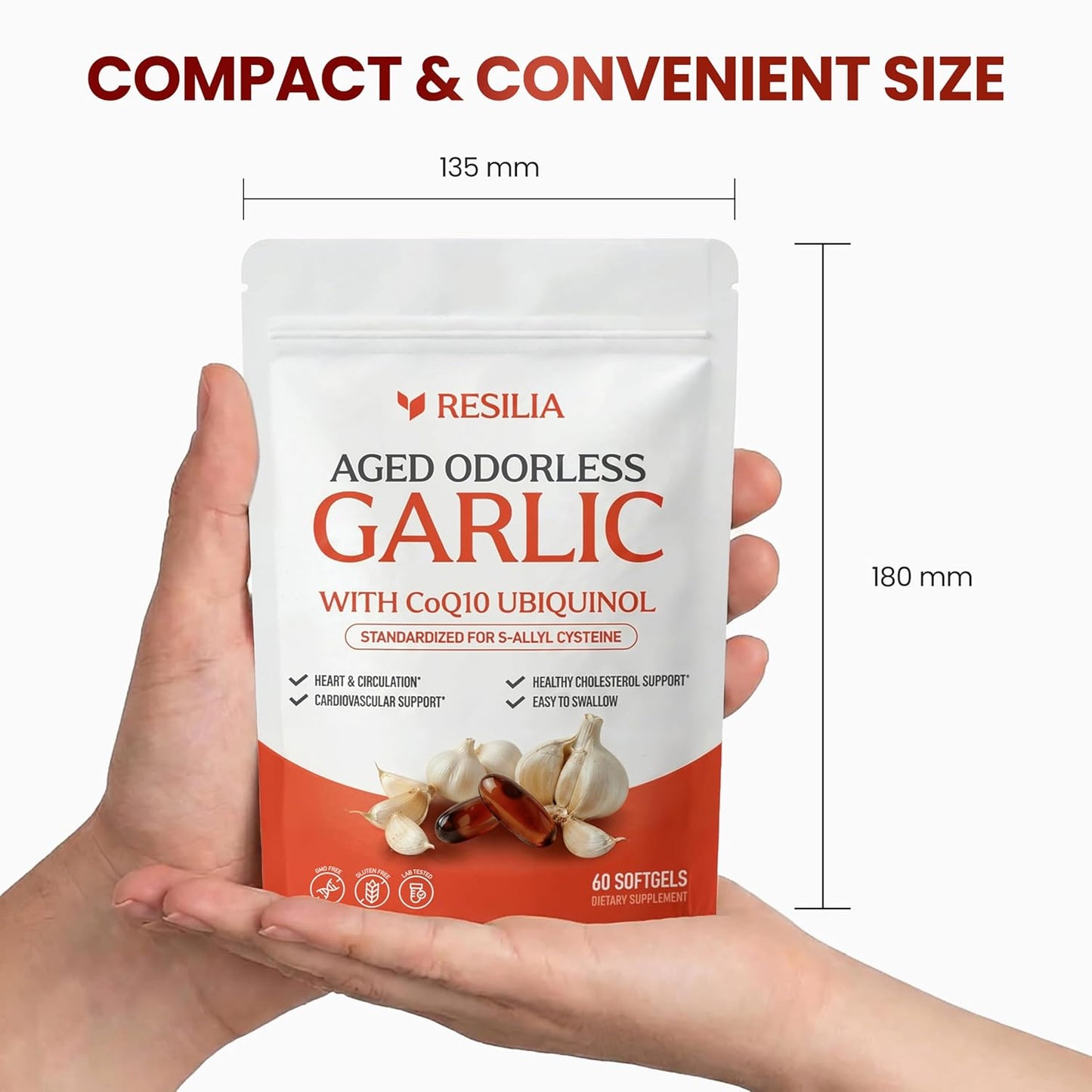 Resilia Garlic Extract 600mg Softgels (60 Count) – Odorless Aged Garlic Extract Supplement with CoQ10 Ubiquinol – 20-Month Matured, Standardized for S-Allyl Cysteine - Heart Health & Immune Support