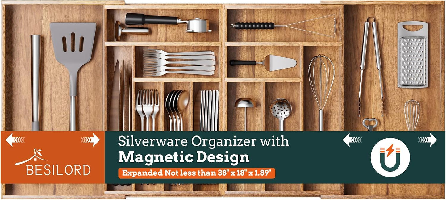 Silverware Organizer Large, Magnetic Connected Expandable 13 Slots Silverware Drawer Organizer From 21 to 37.4 Inches, Adjustable Flatware and Cutlery Holder, Bamboo Utensil Tray for Kitchen Natural