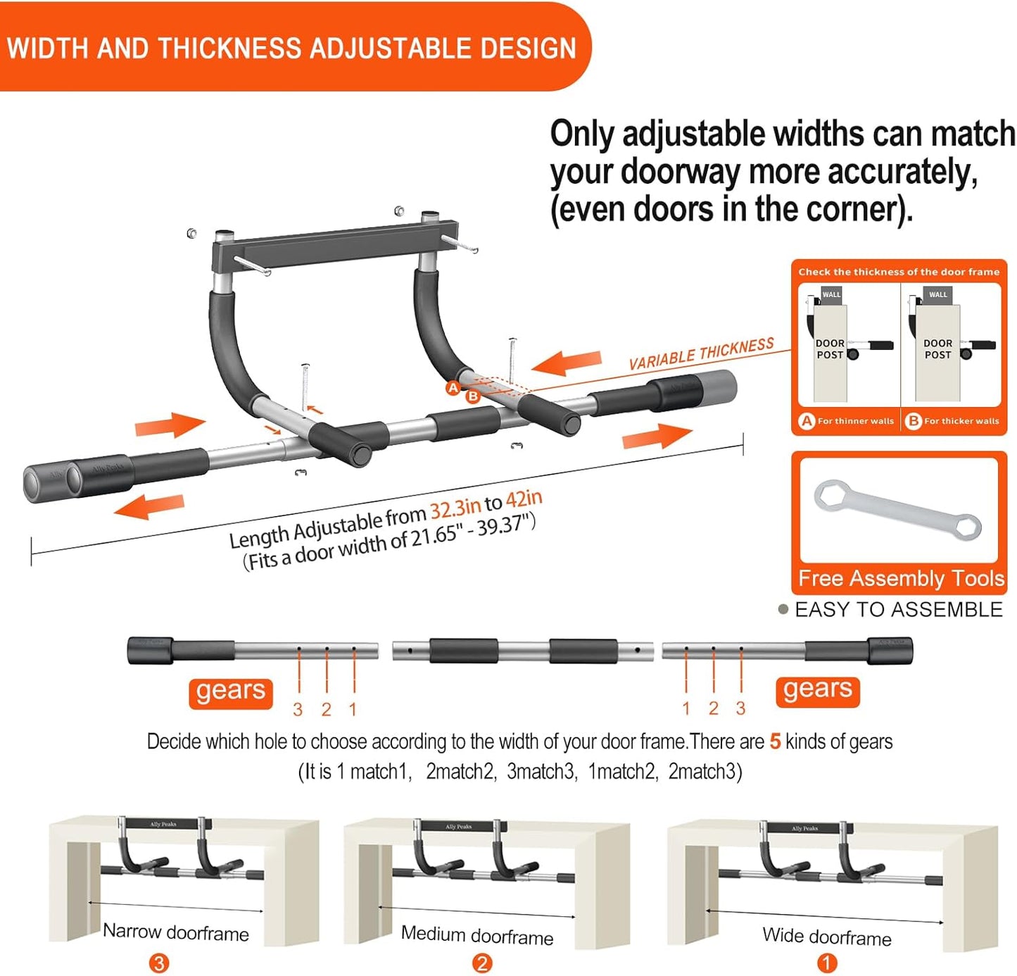 Ally Peaks Adjustable Doorway Pull Up Bar, 500 lb Capacity, Silicone Protection
