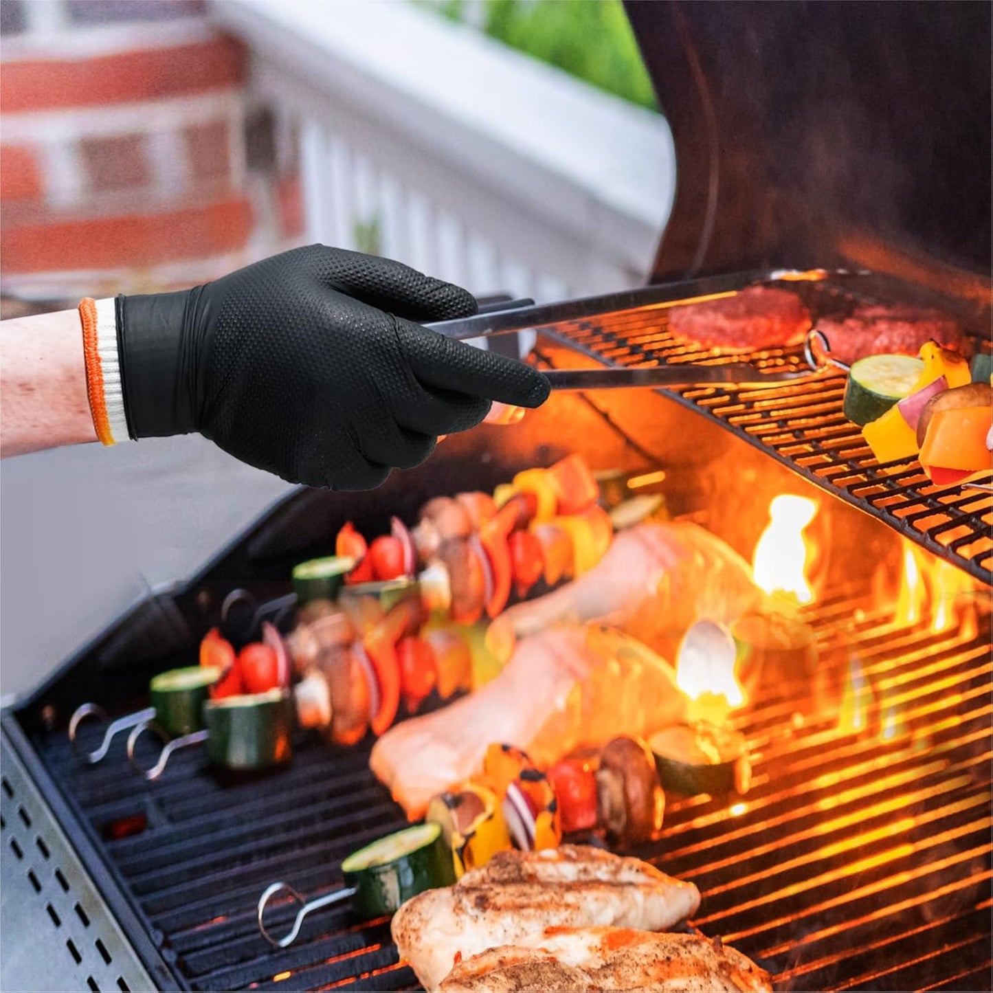 ANBOSON BBQ Gloves Disposable, Heat Resistant Grilling Gloves for Cooking | 10Mil Heavy Duty Nitrile Gloves-100Ct &4 Cotton Liners for Meat Handling Smoker for Hot Food Prep,Non-Slip Grip,Large,Black