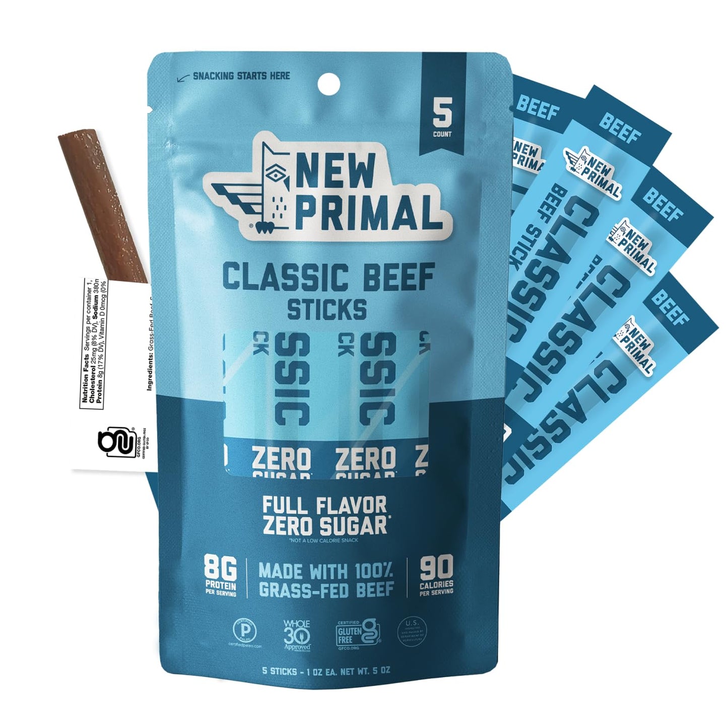 Grass Fed Beef Sticks, 20 Pack, 8g Protein, 90 Calories, Keto, Gluten Free, Sugar Free