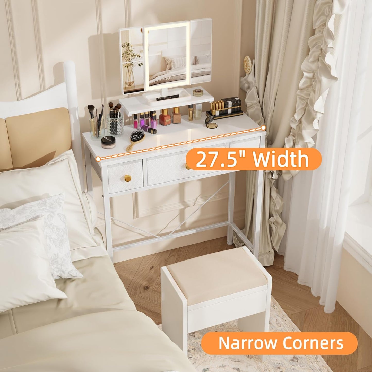Small Makeup Vanity Desk 27.5''W with Mirror and Lights, Vanity Desk with 3 Fabric Drawers and Height-Adjustable Stand, Vanity Table for Girls Gifts, Bedroom and Small Spaces, White
