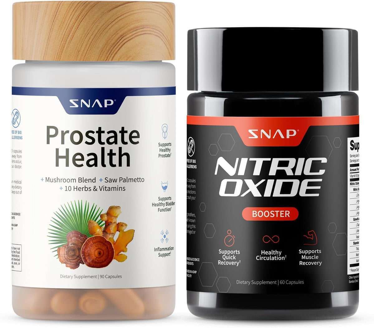 Snap Supplements Nitric Oxide Booster + Prostate Health Supplements for Men, Circulation, Stamina & Urinary Support, L-Citrulline, L-Arginine, Saw Palmetto for Men, Caffeine-Free, 60 + 90 Capsules