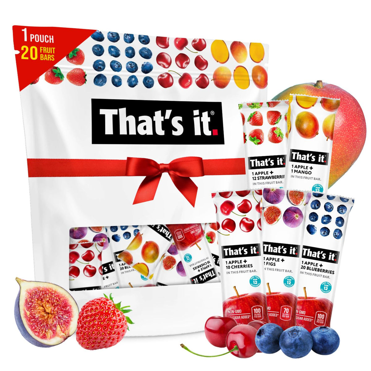 That's It Fruit Bars Variety Pack, 20 Pack, 100% Natural Fruit Snacks, Gluten-Free, Vegan & Low Carb