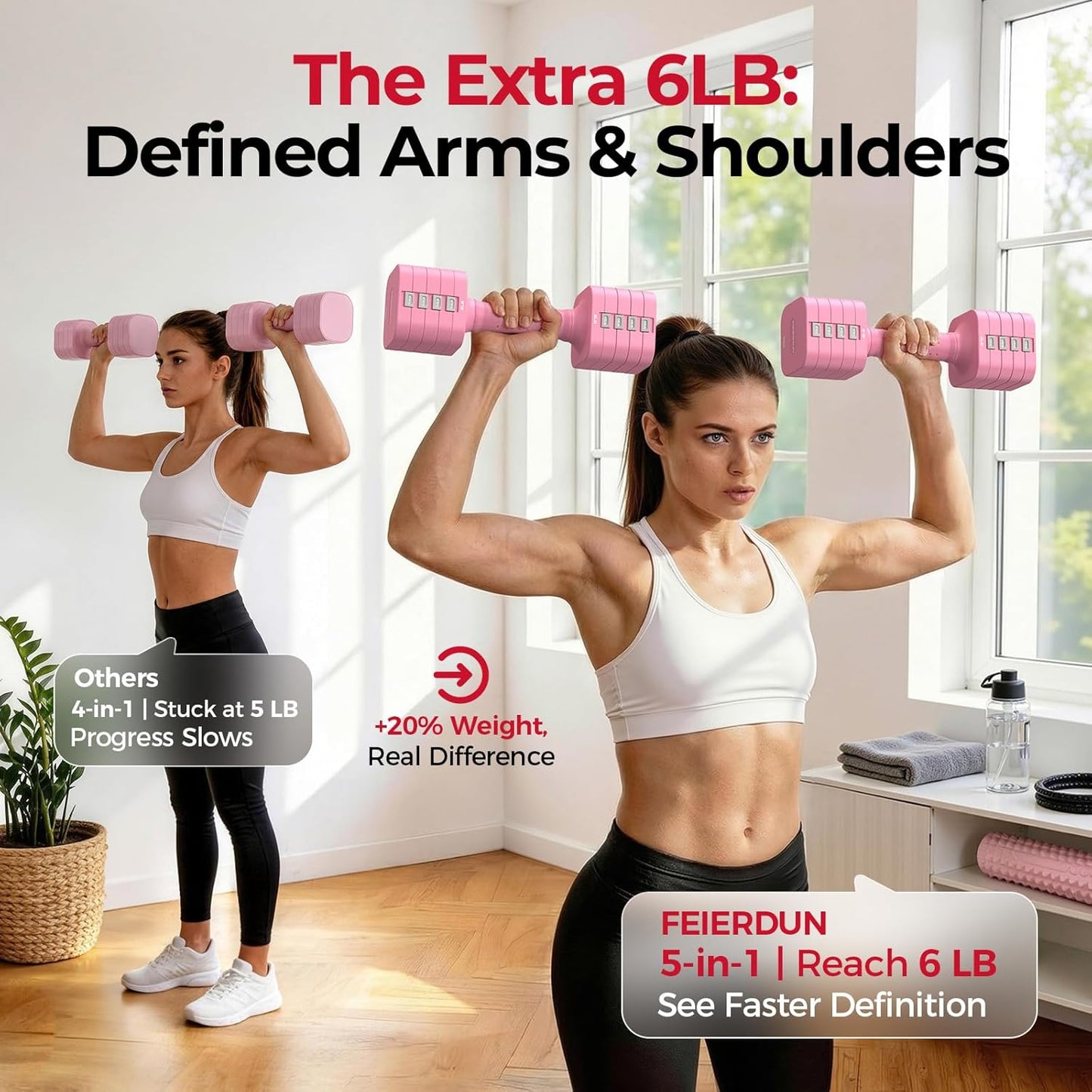 FEIERDUN DB3 Adjustable Dumbbell Set of 2, 5-in-1 Hand Weights for Women and Men