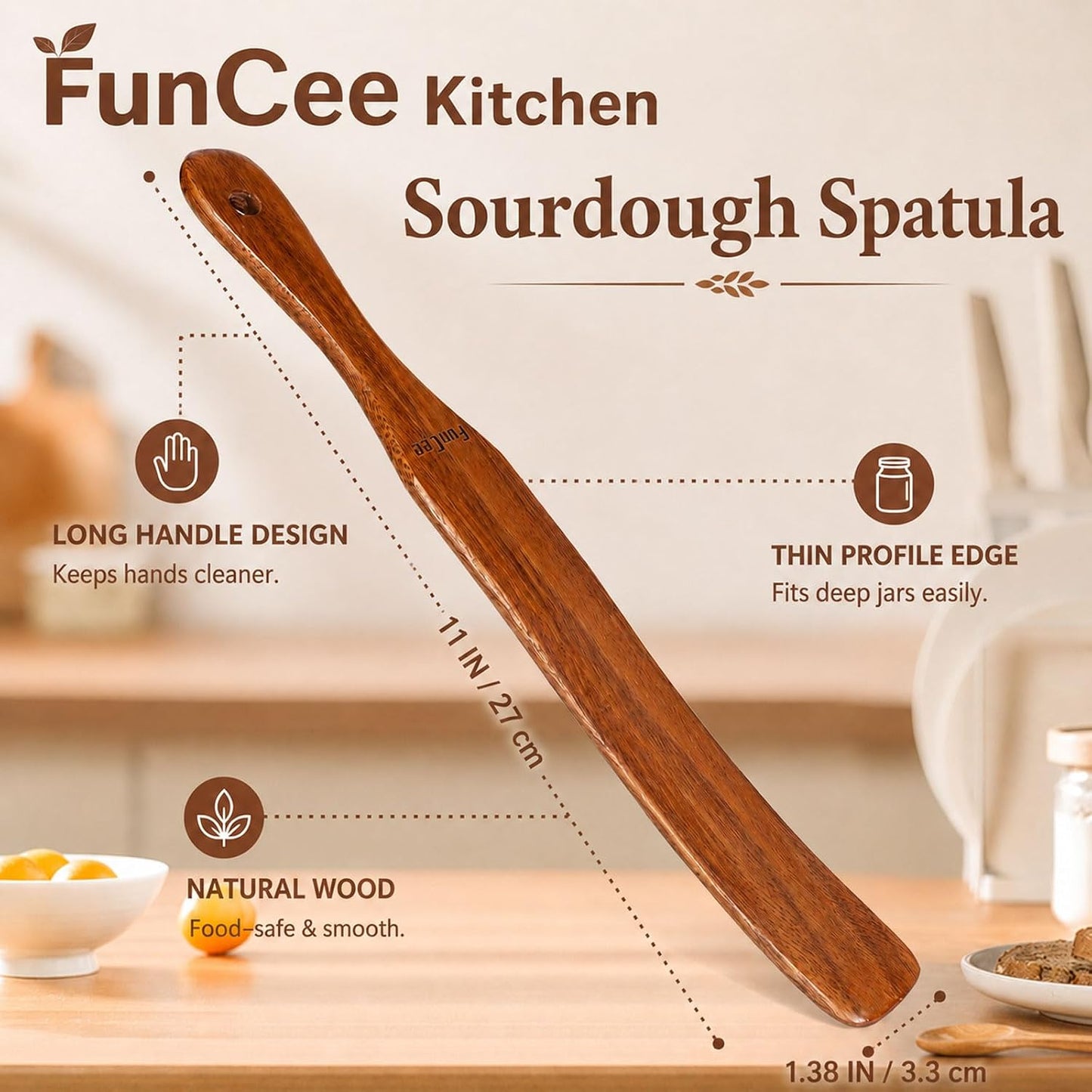 2 Pack Wooden Spurtle for Sourdough Starter, Mixing, Reaching Bottom of Jar, Dough Whisk, Long Handle Jar Spatula, Spurtles Kitchen Tools Teak Wood Kitchen Utensils kit for Baking, Cooking