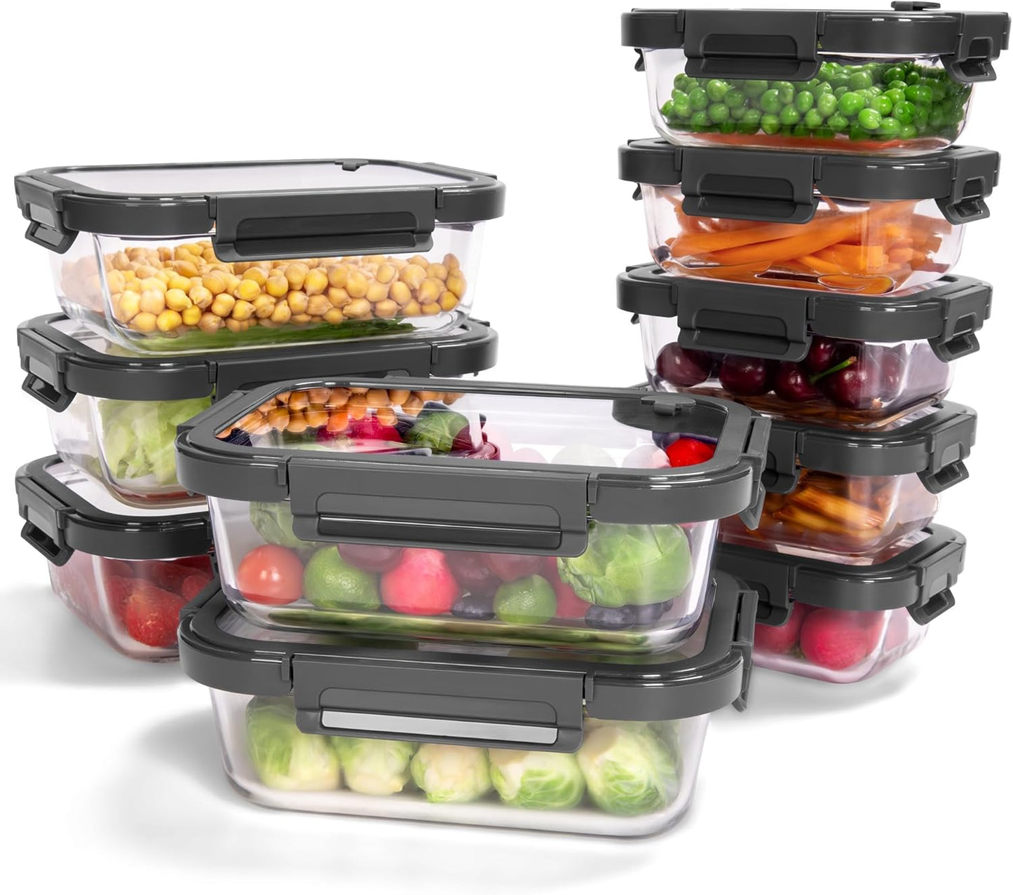 10-Pack Glass Food Storage Containers with Tempered Glass Lids – Borosilicate, Airtight, Oven-Safe (-4°F~950°F), BPA-Free, 4.4 & 1.6 Cup, Leak-Proof, Dishwasher Safe (Gray)