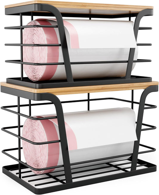 2 Pack Stackable Storage Laundry Kitchen Organizers, Wall Mount Trash Bag Holder with Bamboo Top and Garbage Bag Dispenser No Drill
