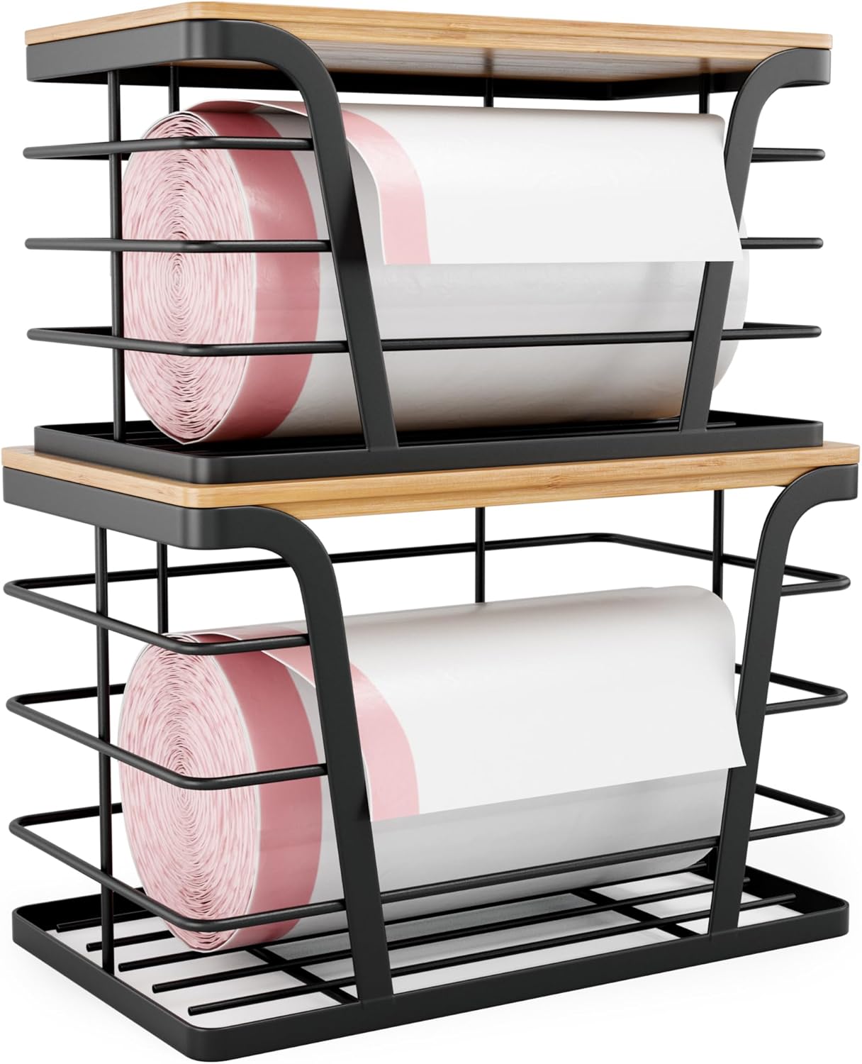 2 Pack Stackable Storage Laundry Kitchen Organizers, Wall Mount Trash Bag Holder with Bamboo Top and Garbage Bag Dispenser No Drill