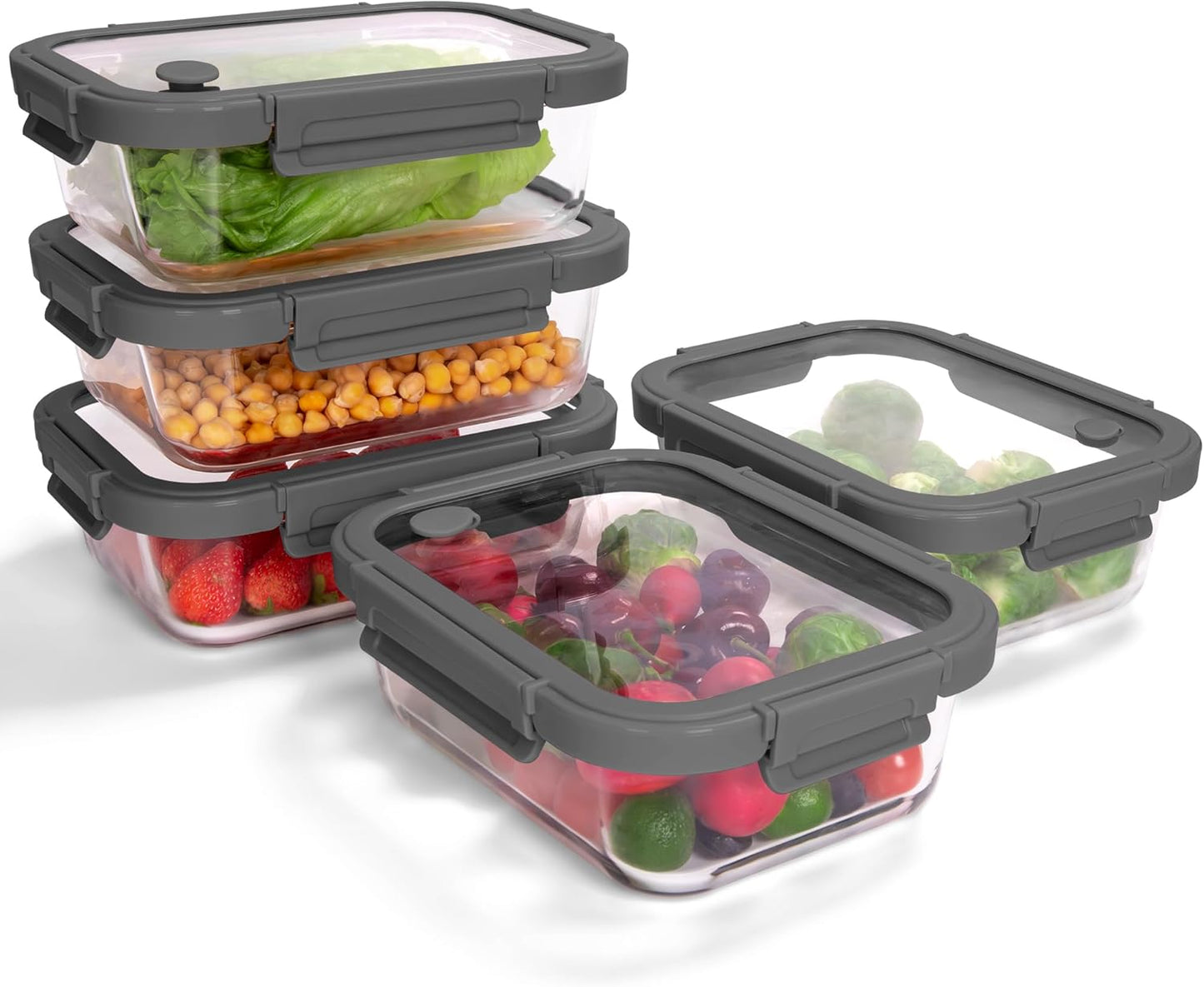 10-Pack Glass Food Storage Containers with Tempered Glass Lids – Borosilicate, Airtight, Oven-Safe (-4°F~950°F), BPA-Free, 4.4 & 1.6 Cup, Leak-Proof, Dishwasher Safe (Gray)