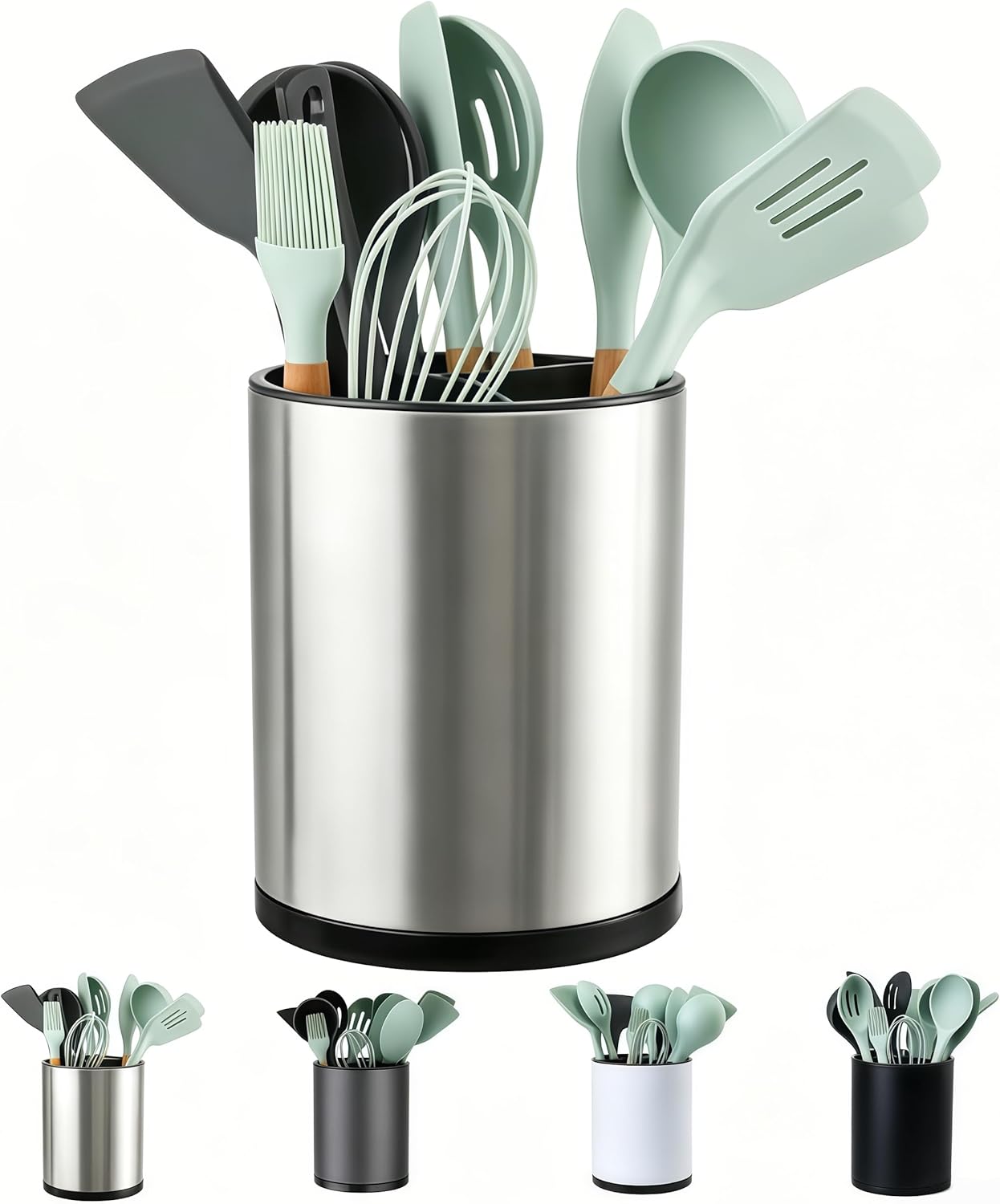 Kitchen Utensil Holder,Extra Large 360°Rotating For Countertop Organizer | Stainless Steel Storage,Hold 40 Utensils,Cooking Silverware Caddy 3 Compartment Spoon Spatula Tool Container（Silvery）