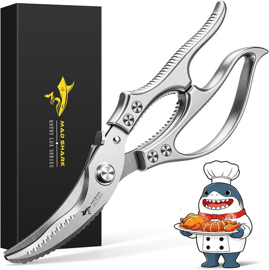 MAD SHARK Heavy Duty Poultry Shears,Spring Loaded Kitchen Shears,Dishwasher | Non-Slip Handle Kitchen Shears, Safety Lock, All Purpose Kitchen Scissors for Chicken, Meat Cutting, Turkey, Fish, Vegetables