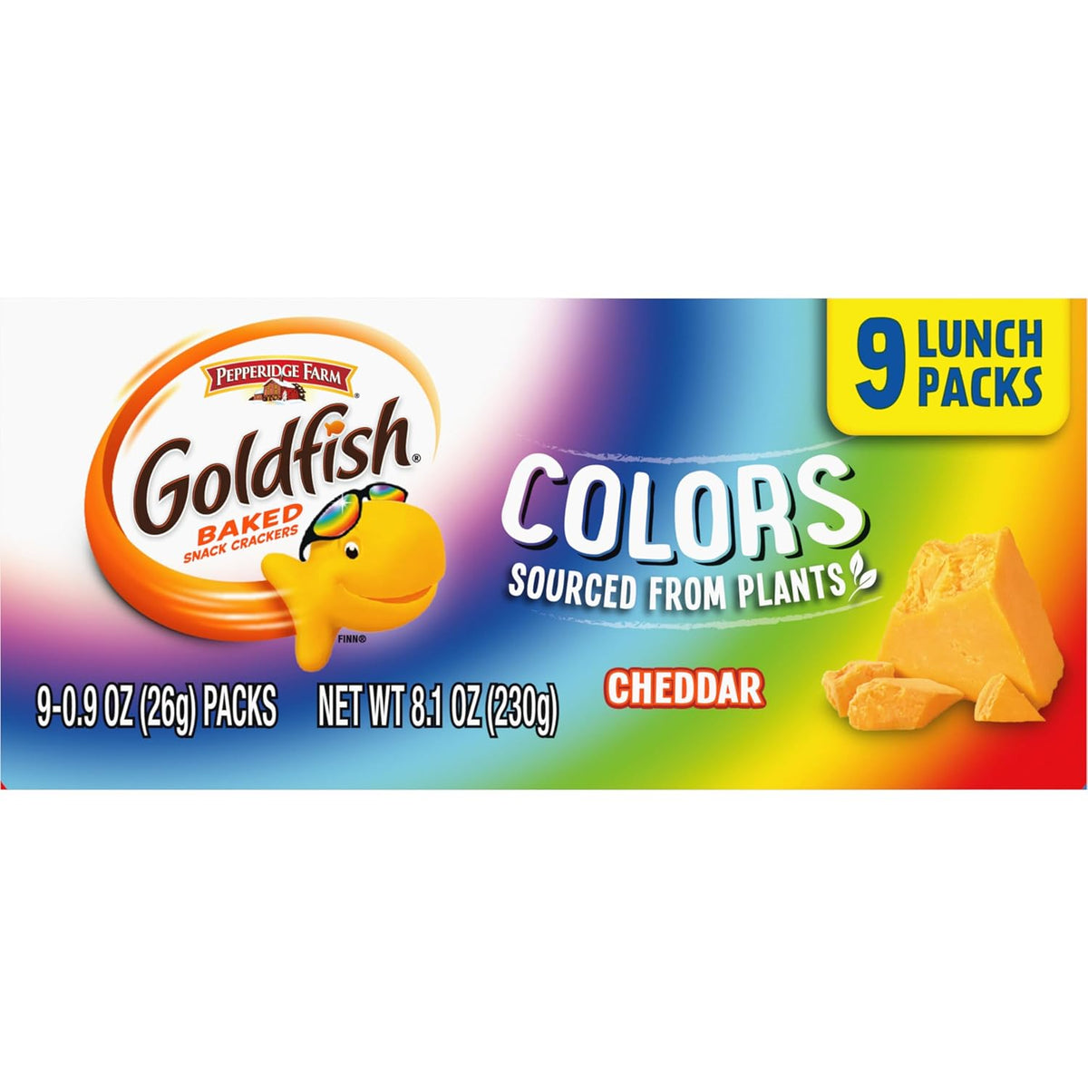 Goldfish Colors Cheddar Crackers, Snack Pack, 0.9 oz, 9 CT Multi-Pack Tray