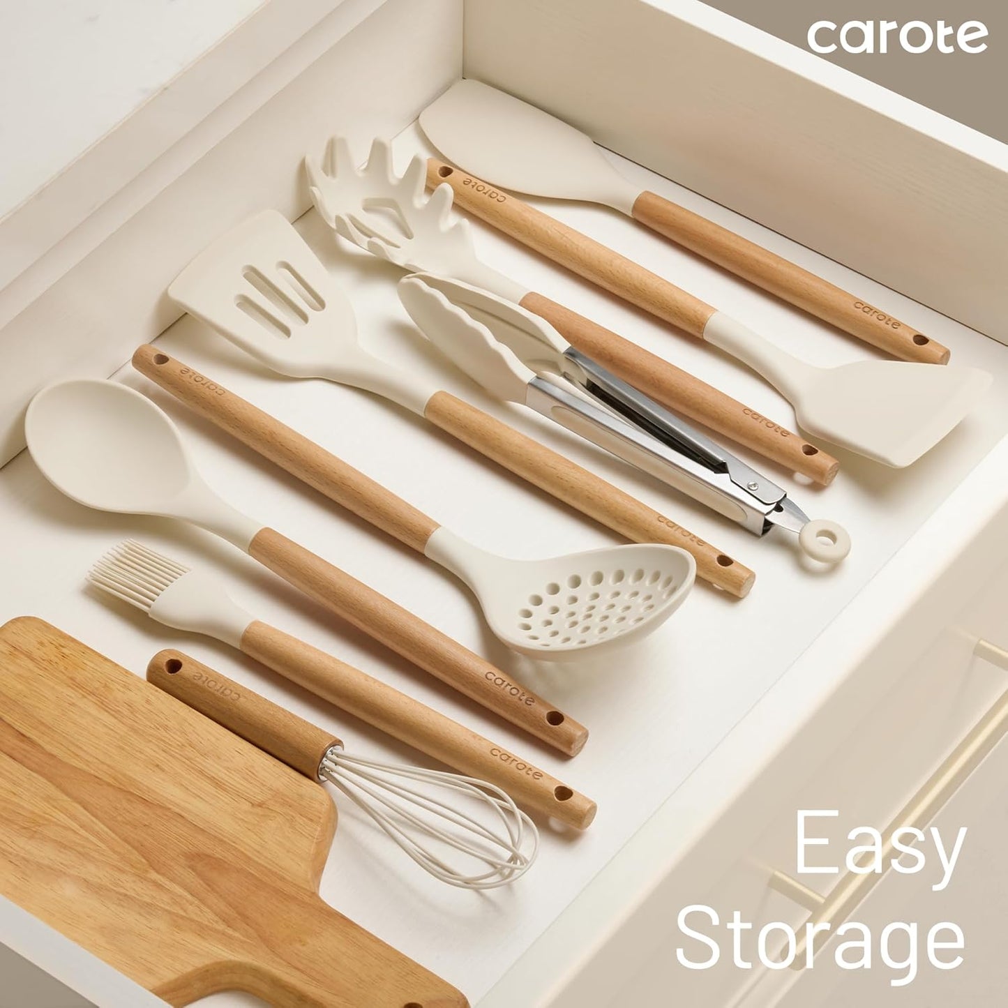 CAROTE 22-Piece Cooking Utensils Set with Wood Cool-Touch Handles, Cream | Silicone Kitchen Utensil, Food Grade, Nonstick Cookware Friendly, BPA-Free, Heat-Resistant, Everyday Home Essentials, Gifts