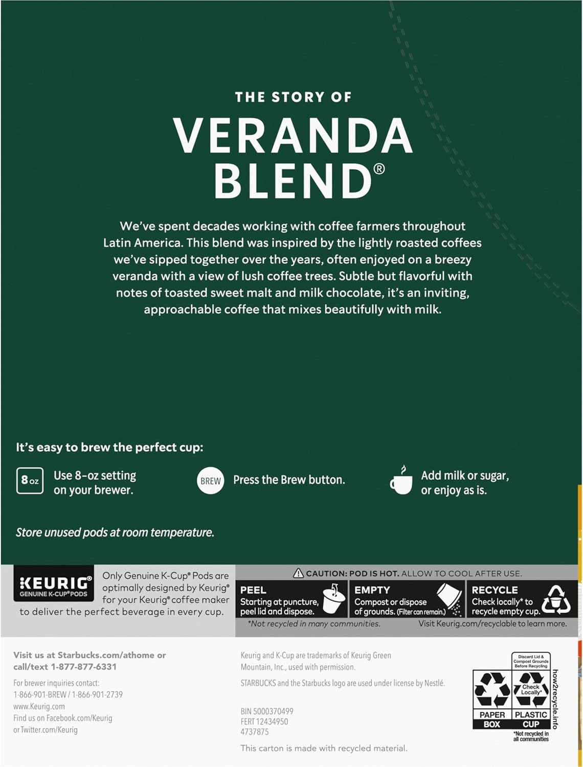Starbucks K-Cup Coffee Pods, 96 Keurig Pods, Veranda Blend, Blonde Roast