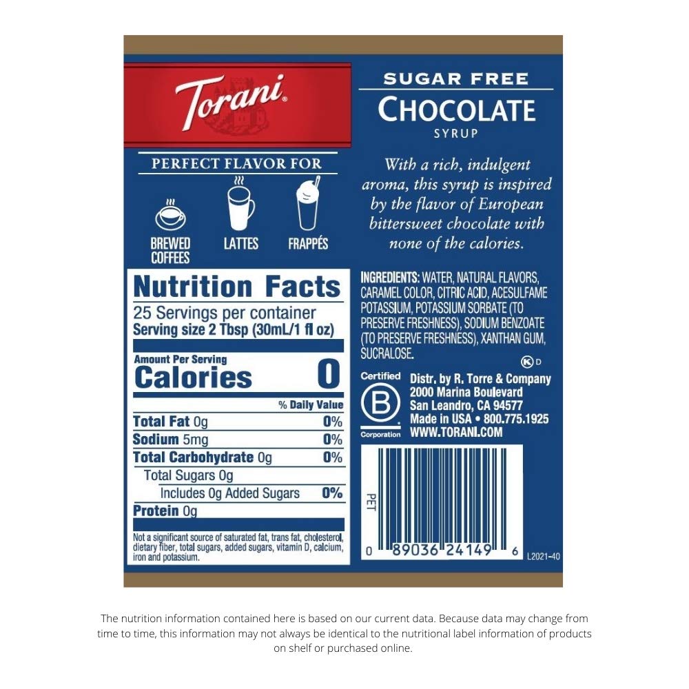 Torani Sugar Free Chocolate Flavored Drink Syrup, 25.4 fl oz (Pack of 4)