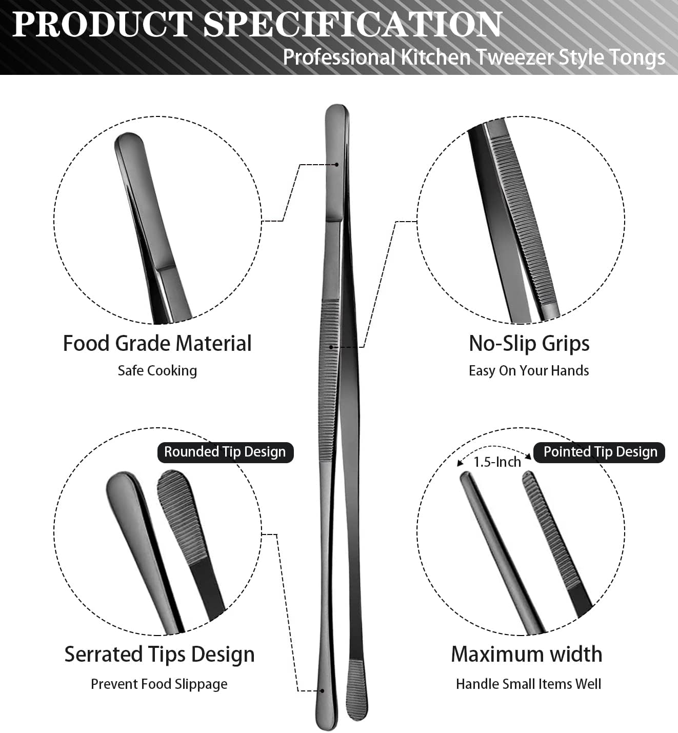 JETKONG 2 Pcs 12-Inch Kitchen Tweezers Tongs with Precision Serrated Tips, Stainless Steel Chef Tweezer Professional Cooking Tweezers for BBQ, Plating and Serving (12-Inch, Black)