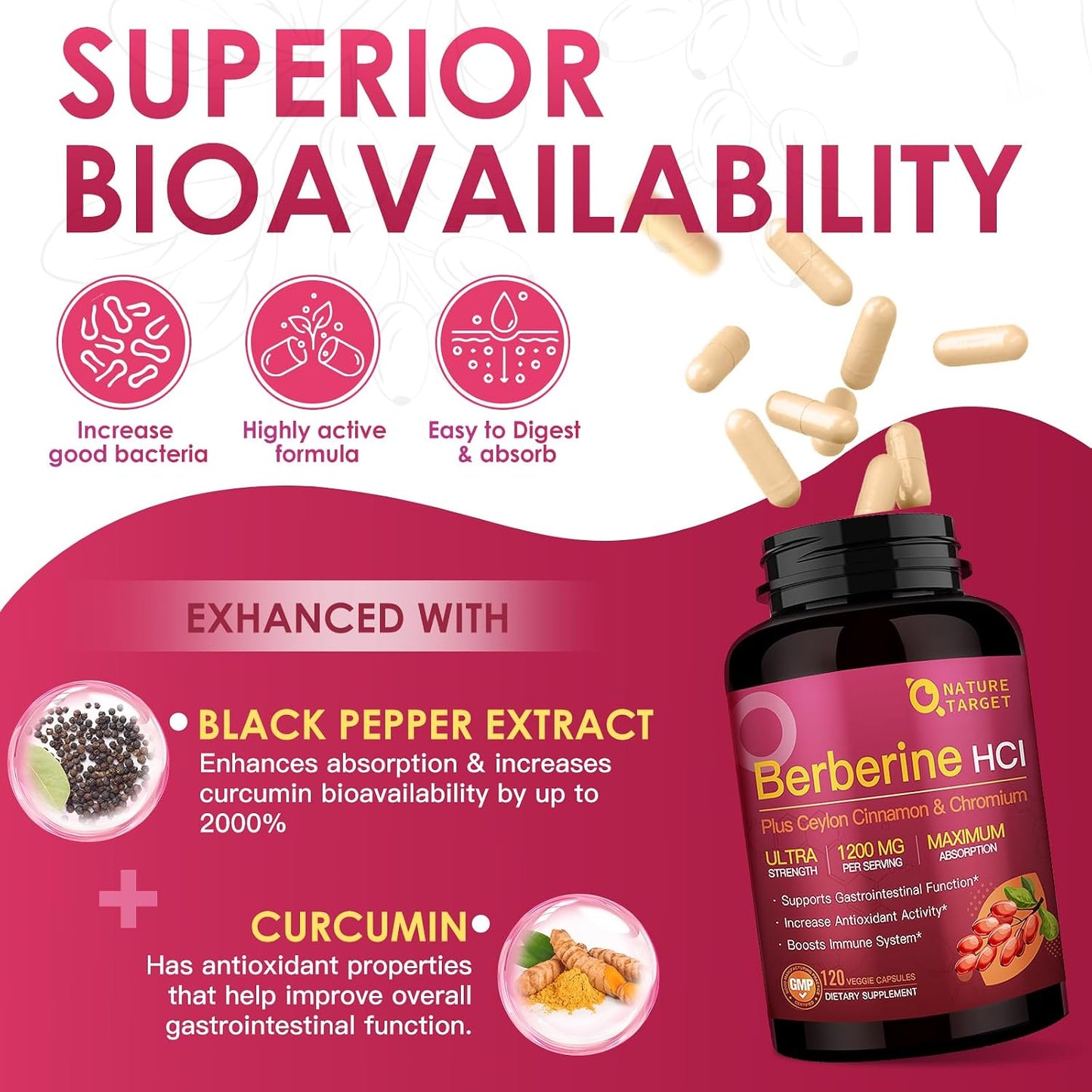NATURE TARGET Berberine HCL 1200mg, Berberine Supplement with Ceylon Cinnamon, Chromium - Supports Immune, Gastrointestinal & Digestive Health, Non-GMO, 120 Capsules