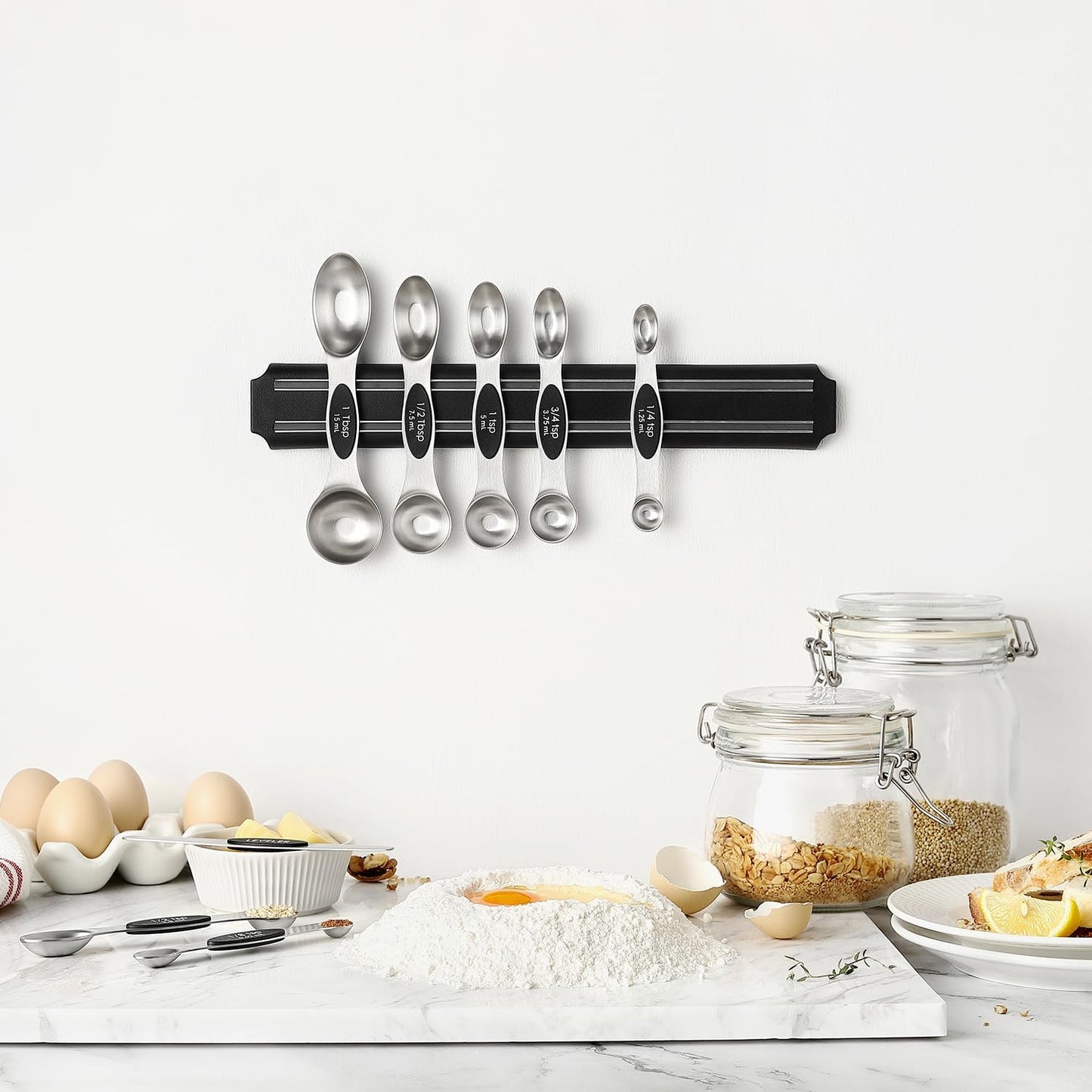 Spring Chef Stainless Steel Magnetic Measuring Spoons Set of 8, Black | Dual Sided Metal Teaspoon & Tablespoon Measuring Spoons with Leveler for Dry & Liquid Ingredients, Nesting, Dishwasher Safe