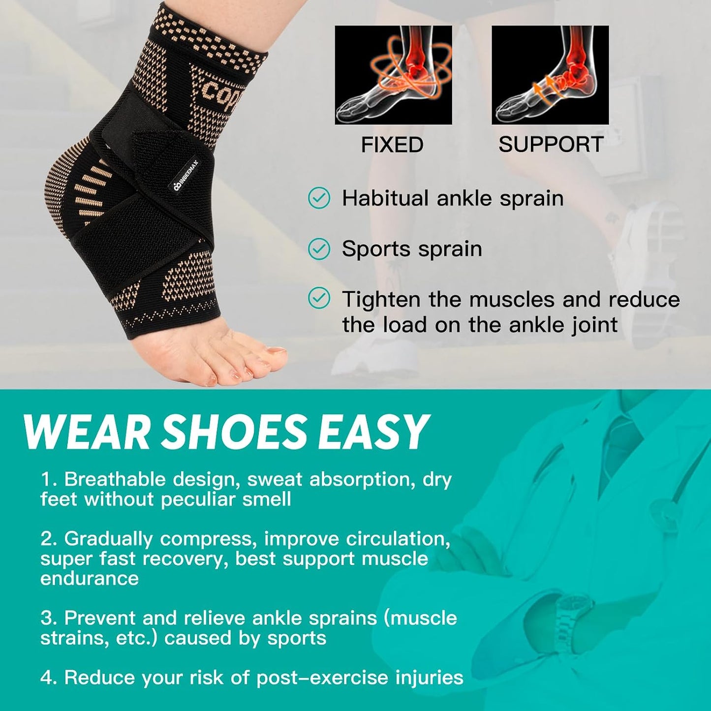 INDEEMAX Copper Infused Ankle Brace for Women and Men, Ankle Compression Sleeve Support
