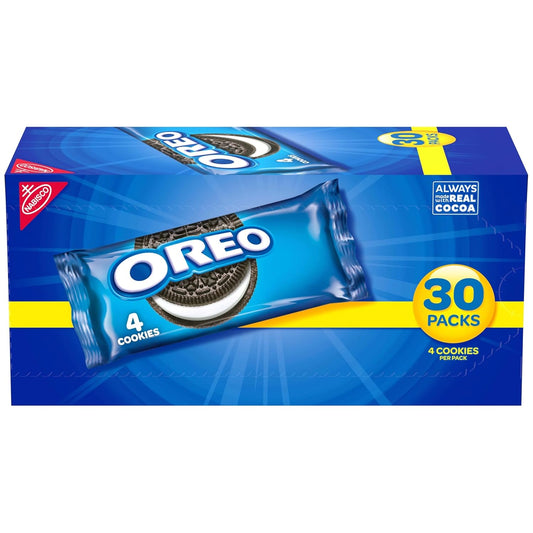 oreo chocolate sandwich cookies, 30 pack, 4 cookies per pack, kosher, snack size