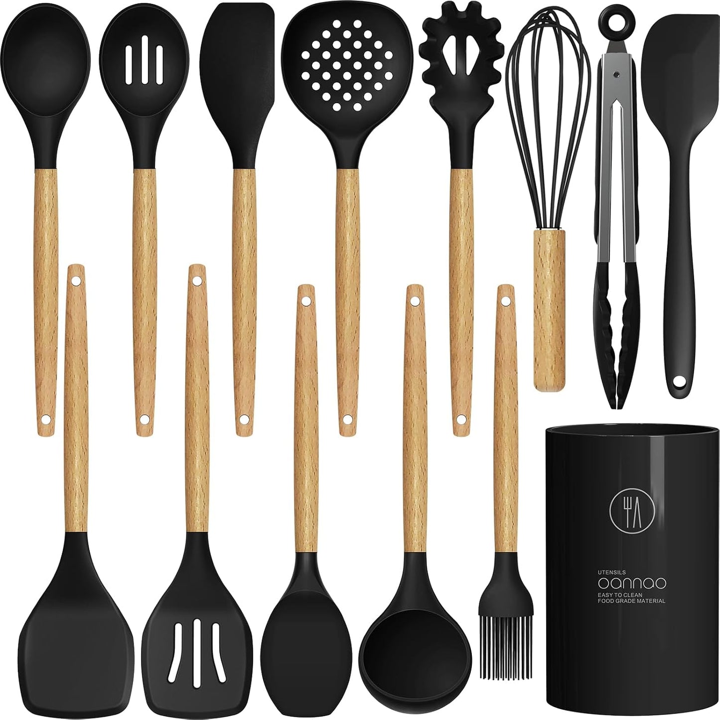 oannao Silicone Cooking Utensils Set - 446°F Heat Resistant Silicone Kitchen Utensils for Cooking,Kitchen Utensil Spatula Set w Wooden Handles, BPA FREE Gadgets for Non-Stick Cookware (Khaki)