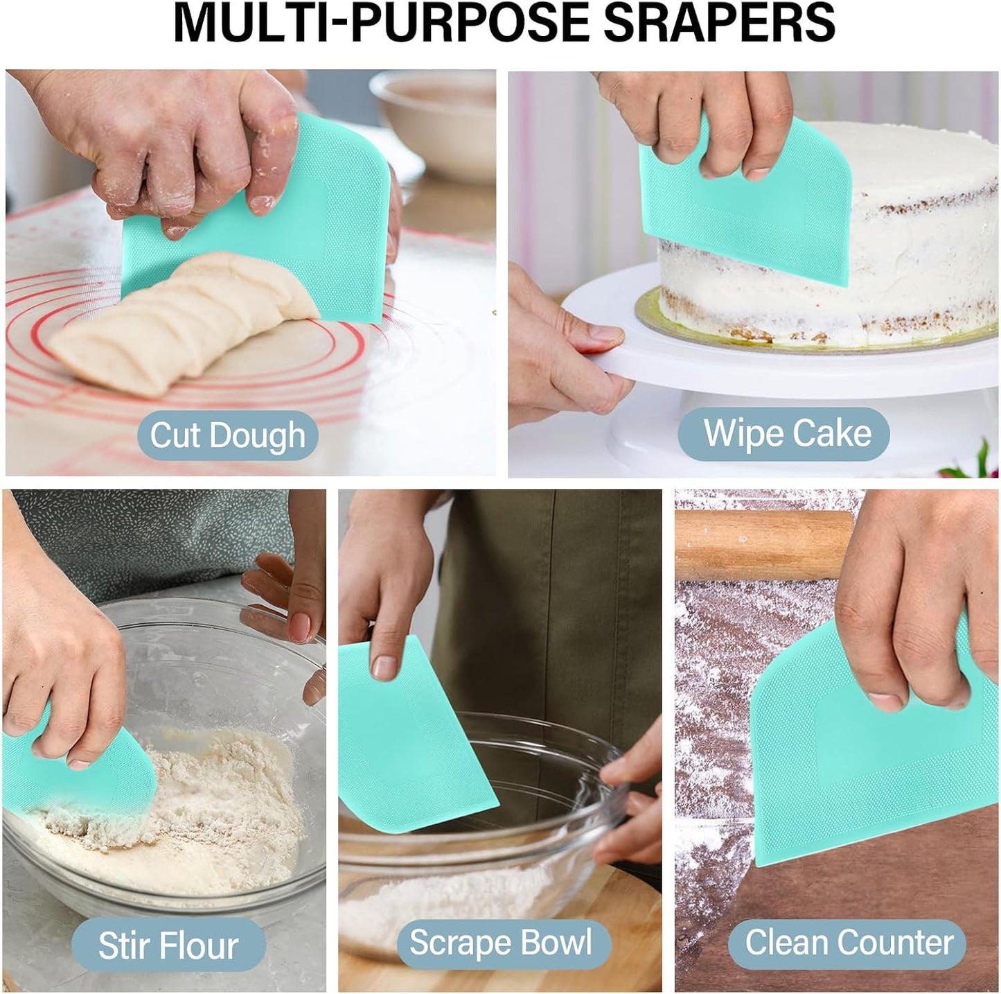 Ecavria Bench Scraper, Premium Stainless Steel Dough Scraper with 2 PCS Flexible Bowl Scraper, Dough Cutter with Measuring Scale, Versatile Kitchen Scraper Set for Pastry Bread Pizza Cake
