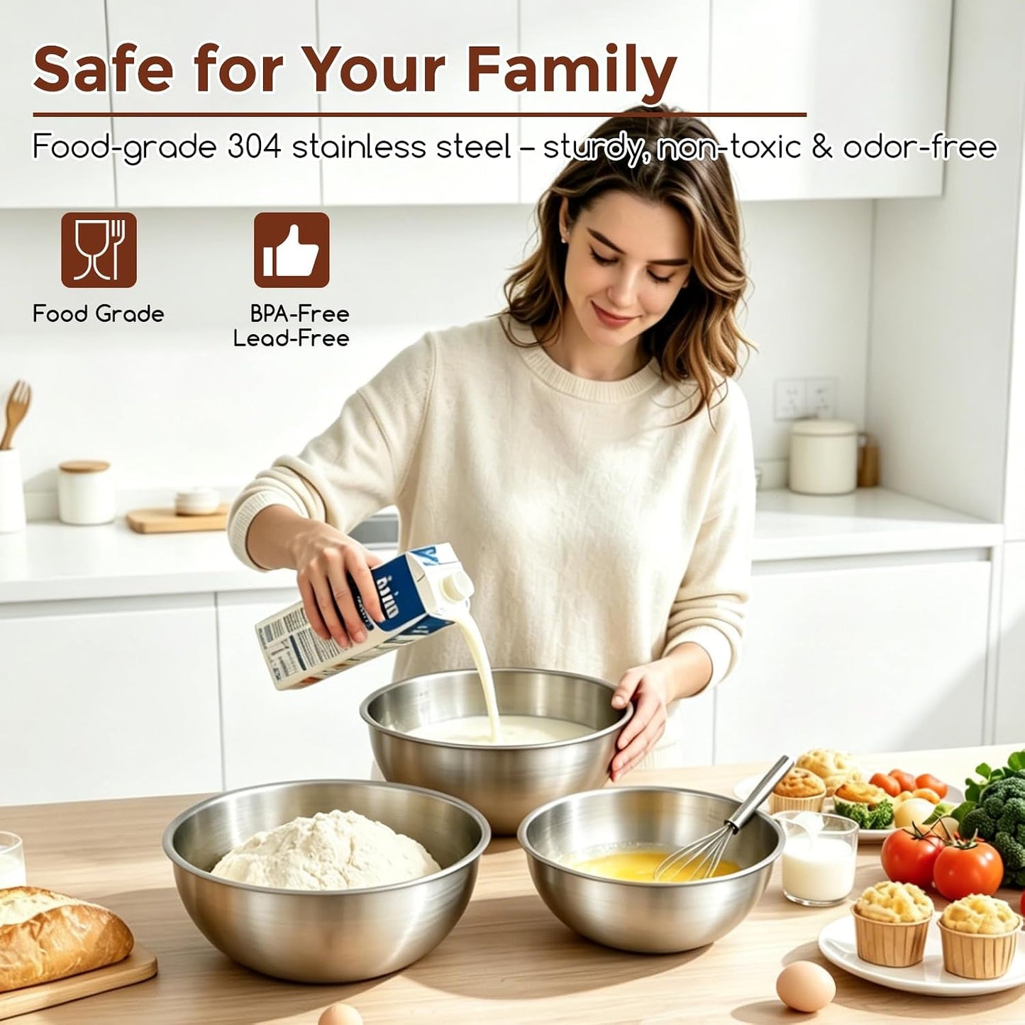 Gronivex Stainless Steel Mixing Bowls Set, 3-Piece (1.5, 2.2 & 3.4 Qt) | Food-Grade Metal, Dishwasher safe，Stackable Nesting & Space-Saving – For Kitchen Baking, Salads, Meal Prep, RV & Camping