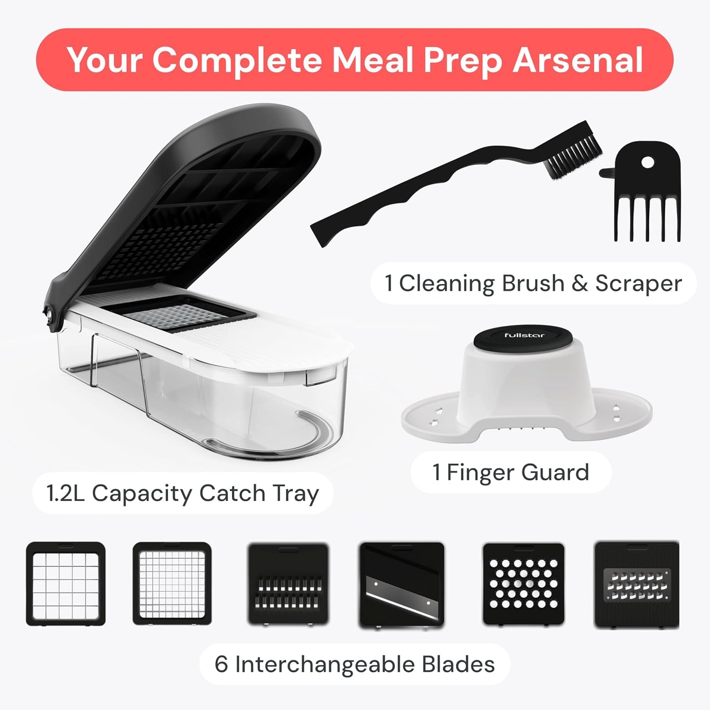 Fullstar Pro Core Vegetable Chopper & Mandoline Slicer, Meal Prep Essential | 6 in 1 Veggie Slicer, Onion & Fruit Slicer with Julienne, Grater & Dicer Stainless Steel Blades + Container (White)
