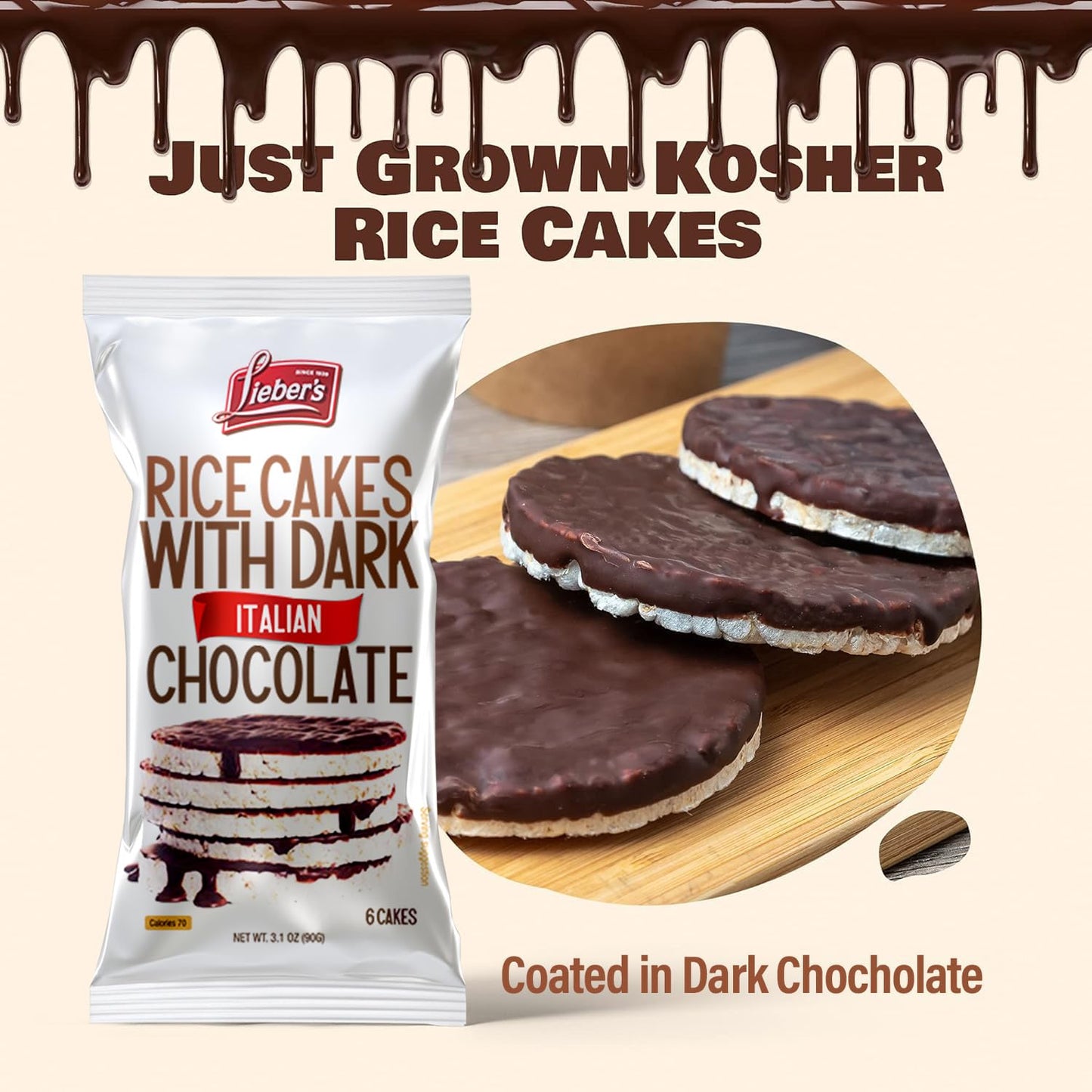 Dark Chocolate Rice Cakes, Kosher Certified, Dairy Free, Gluten Free Snack Pack Of 3