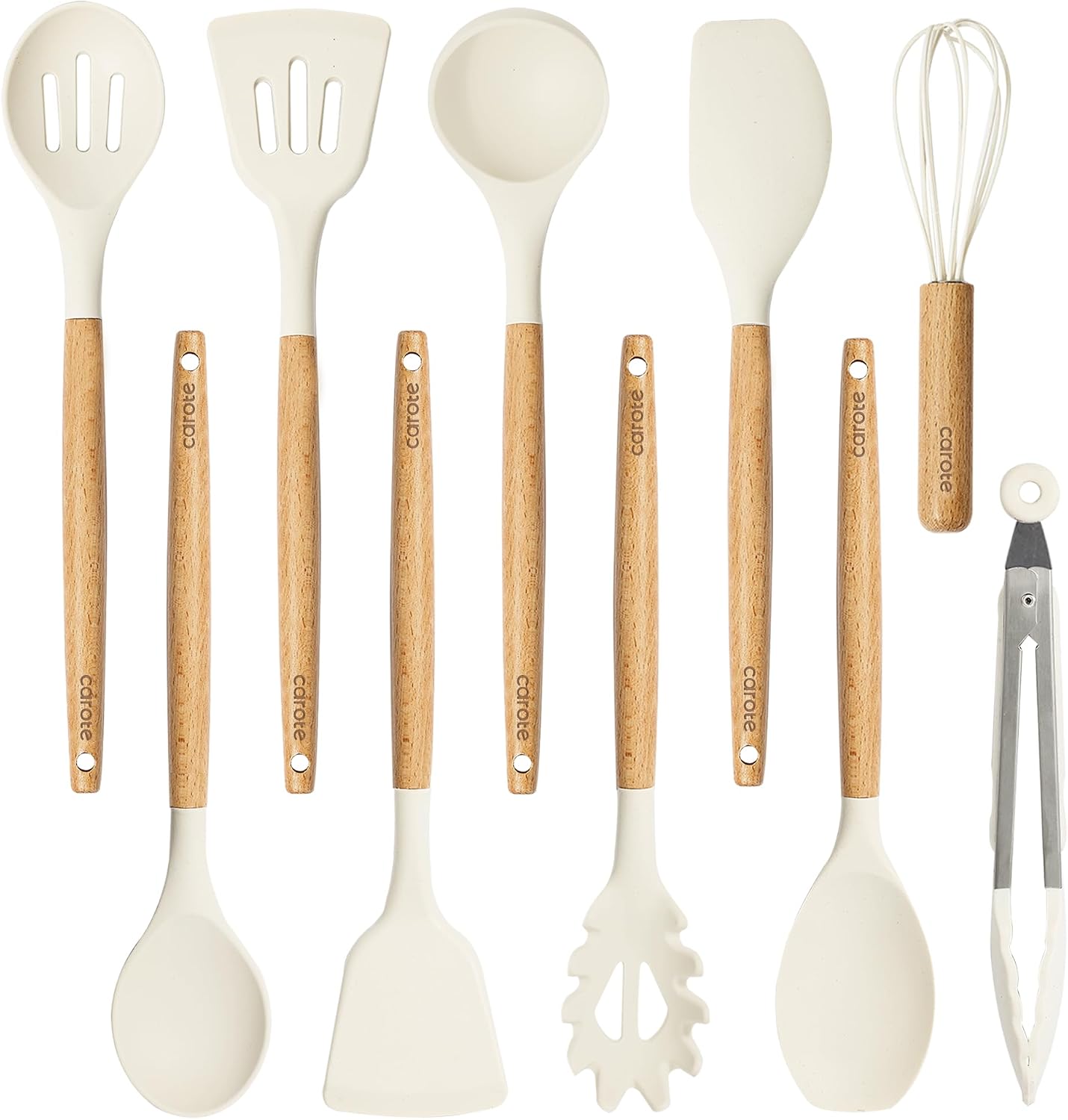 CAROTE 10-Piece Kitchen Utensils Set with Wood Cool-Touch Handles, Cream | Silicone Cooking Utensil, Food Grade, Nonstick Cookware Friendly, BPA-Free, Heat-Resistant, Everyday Home Essentials, Gifts