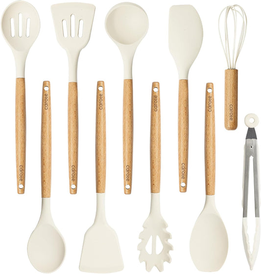 CAROTE 10-Piece Kitchen Utensils Set with Wood Cool-Touch Handles, Cream | Silicone Cooking Utensil, Food Grade, Nonstick Cookware Friendly, BPA-Free, Heat-Resistant, Everyday Home Essentials, Gifts