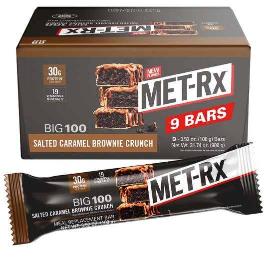 MET-Rx Big 100 Protein Bar, 30G Protein, 9 Count, 3.52 Oz, Salted Caramel Brownie Crunch