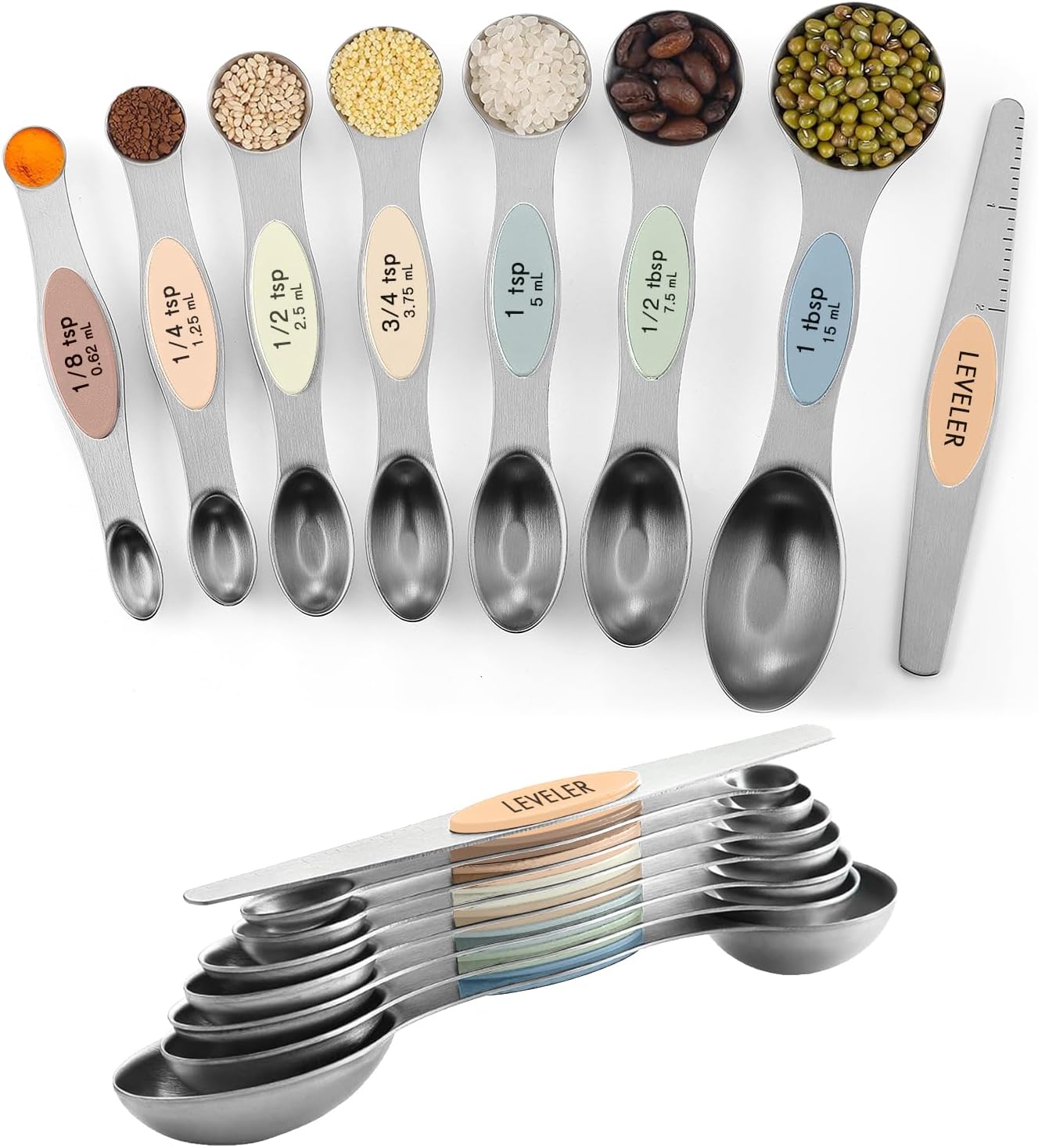 ChefAide Pack of 8 Stainless Steel Magnetic Measuring Spoons Set, Dual Sided, Stackable, Adjustable Teaspoon and Tablespoon Measure Spoon with Leveler, Kitchen Gadgets