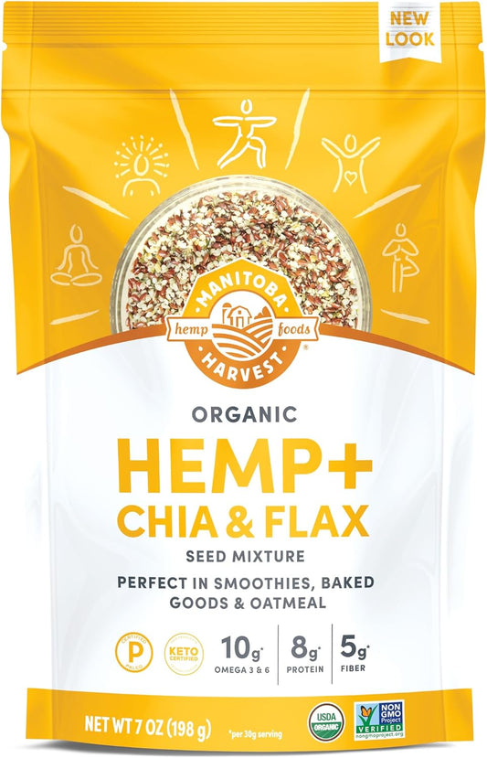 Manitoba Harvest Organic Hemp Plus Flax & Chia Seeds - 7oz - 8g Protein, 5g Fiber and 10g Omega 3 & 6 per 30g Serving - Nutrient-Dense, 3-in-1 Super Seeds Mixture - Vegan, Non-GMO Project Verified