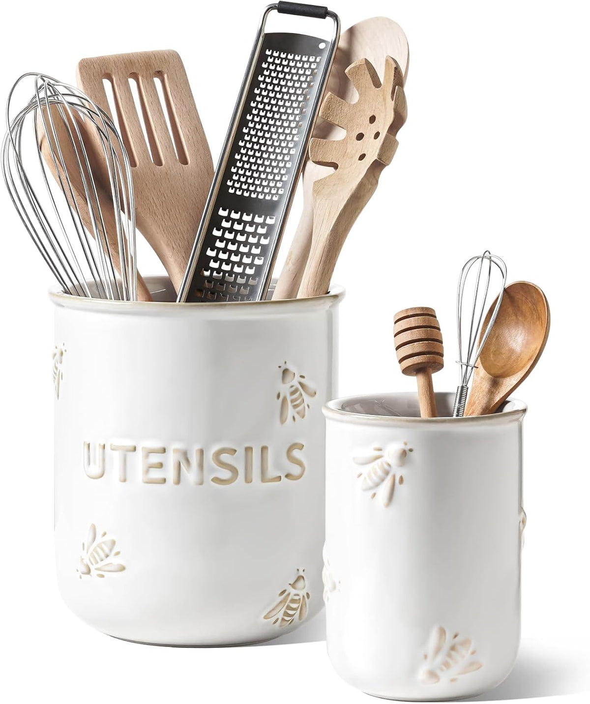 LE TAUCI Kitchen Utensil Holder Set of 2 - 6.9"+5.3" Large Ceramic Cooking Utensil Crock & Organizer for Spatula, Spoon, Whisk - Farmhouse Countertop Storage, Arctic White, Embossed, Bee