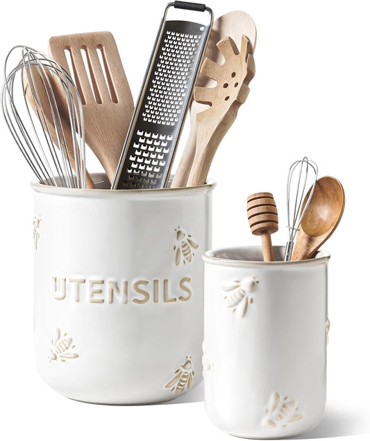 LE TAUCI Kitchen Utensil Holder Set of 2 - 6.9"+5.3" Large Ceramic Cooking Utensil Crock & Organizer for Spatula, Spoon, Whisk - Farmhouse Countertop Storage, Arctic White, Embossed, Bee